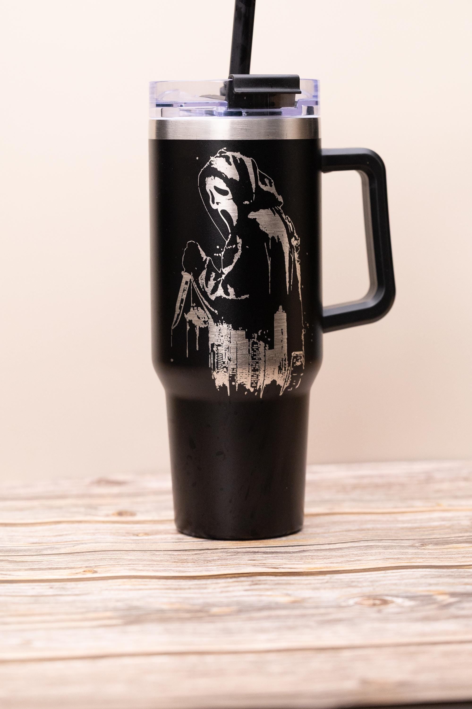 Ghost face tumbler: laser engraved scream movie stainless steel cup