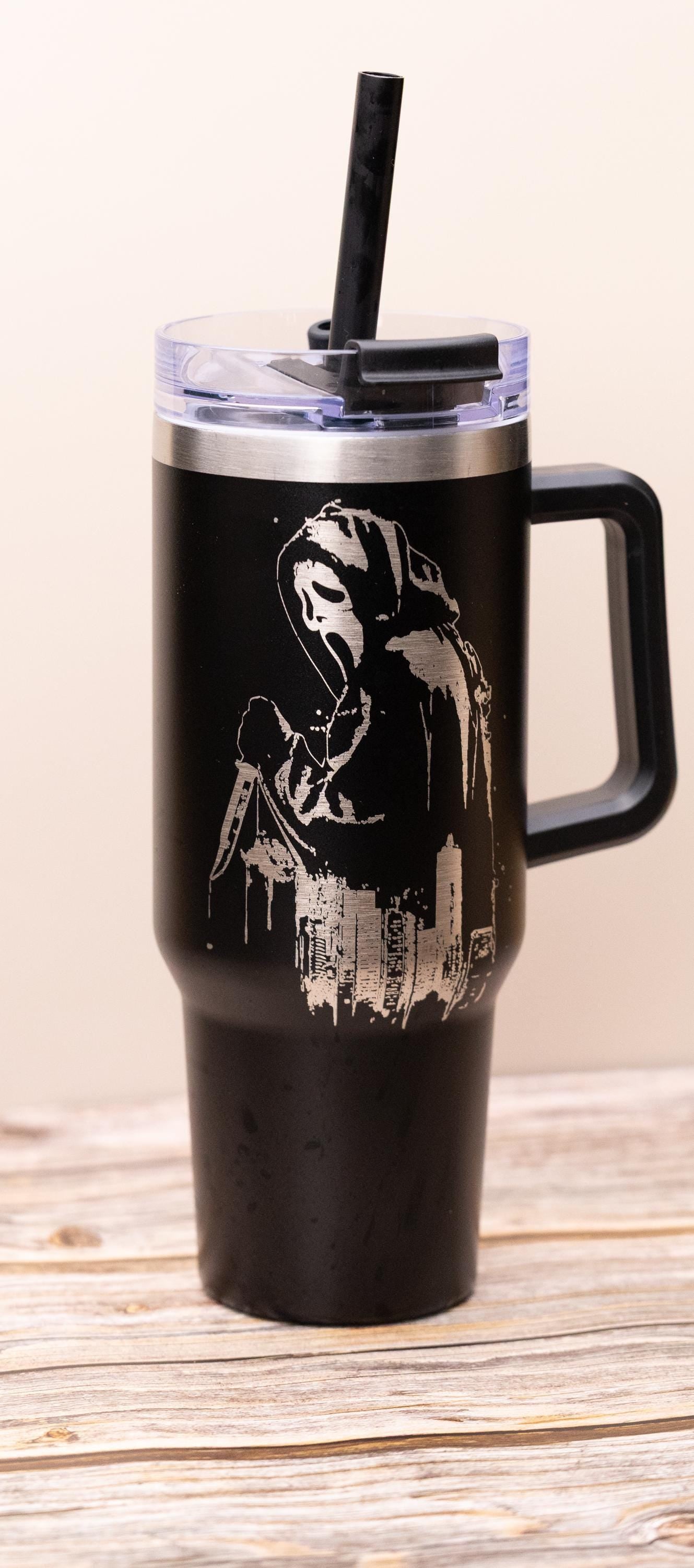 Ghost face tumbler: laser engraved scream movie stainless steel cup