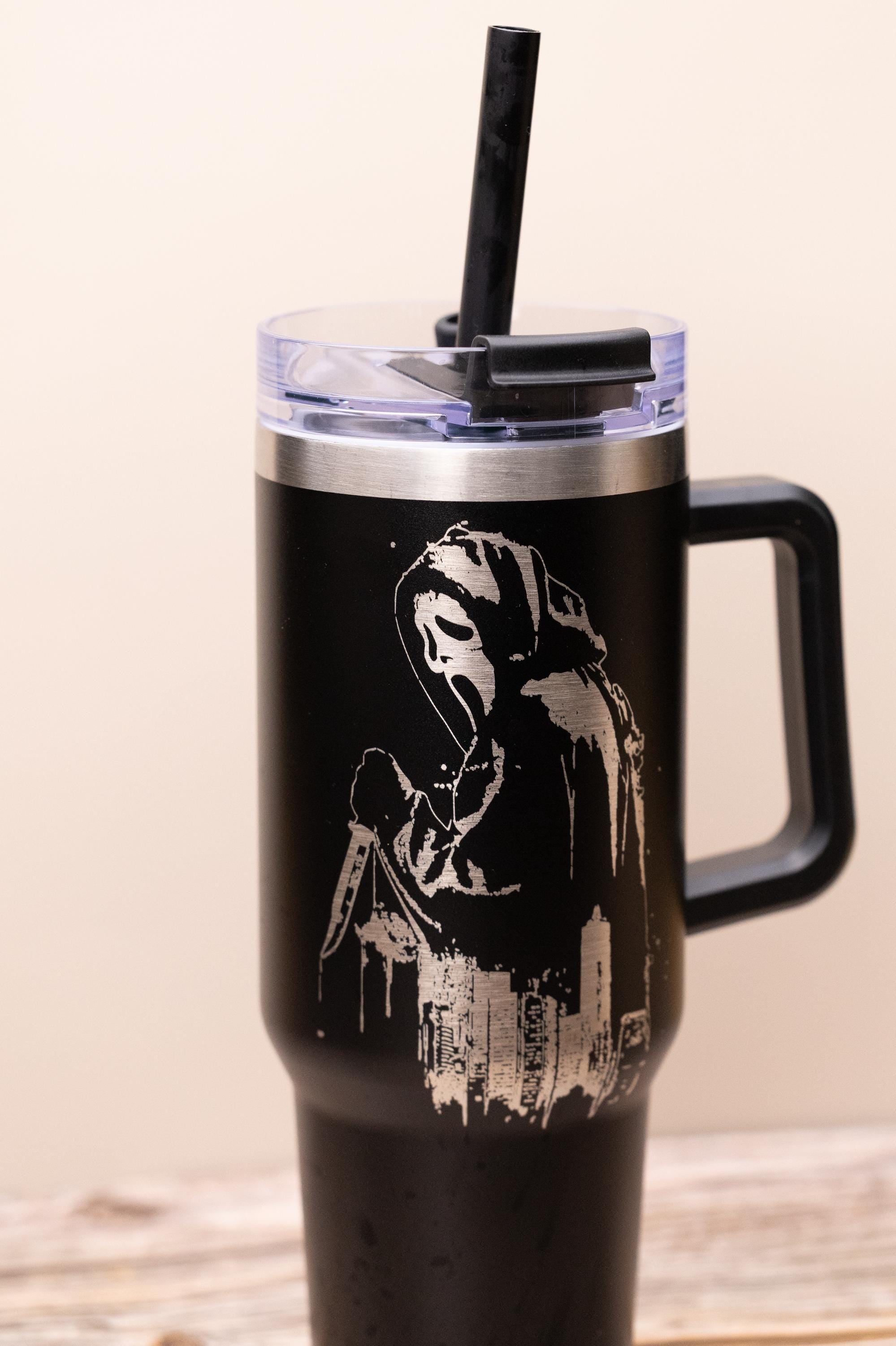 Ghost face tumbler: laser engraved scream movie stainless steel cup
