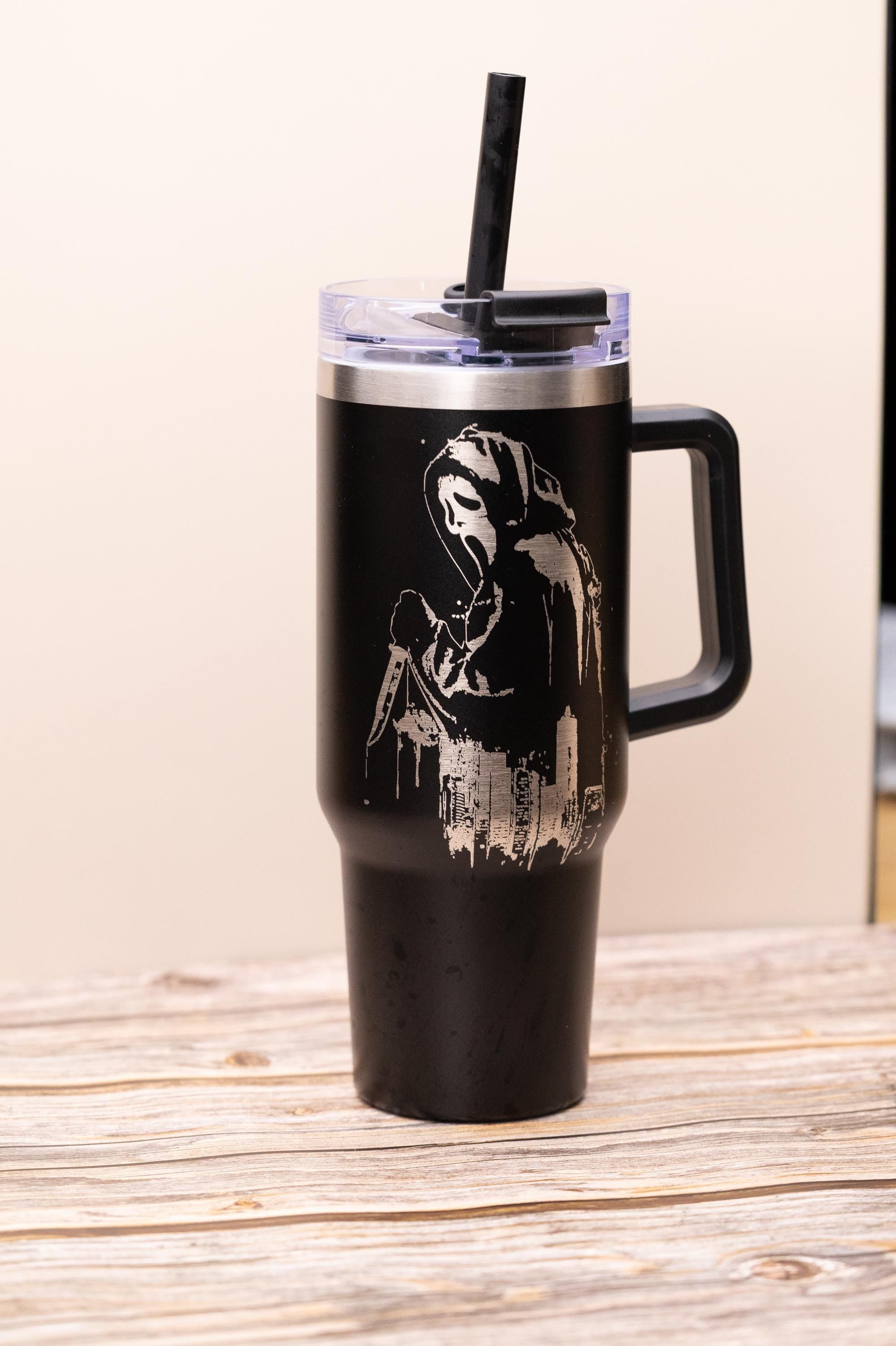 Ghost face tumbler: laser engraved scream movie stainless steel cup