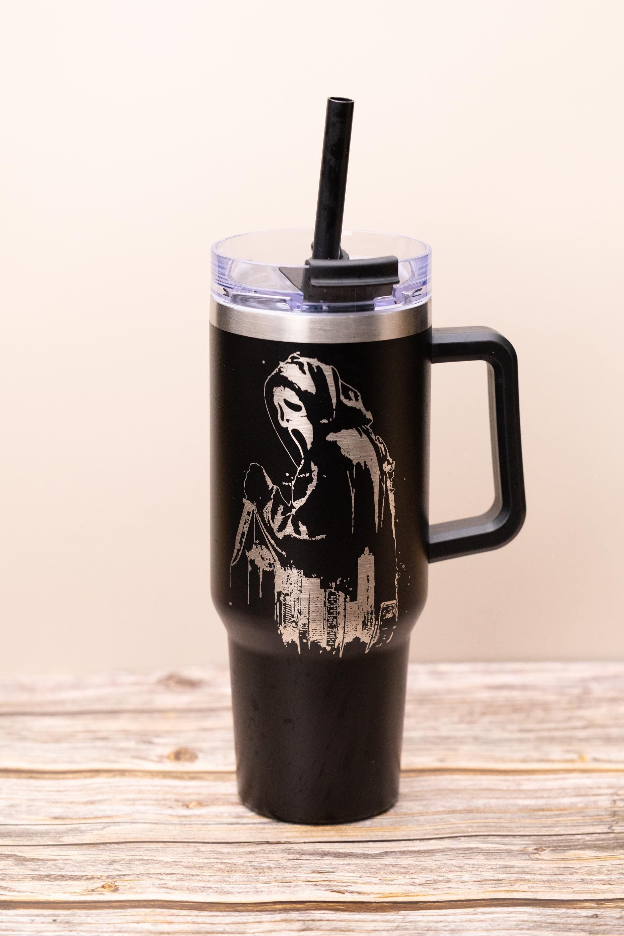 Ghost face tumbler: laser engraved scream movie stainless steel cup