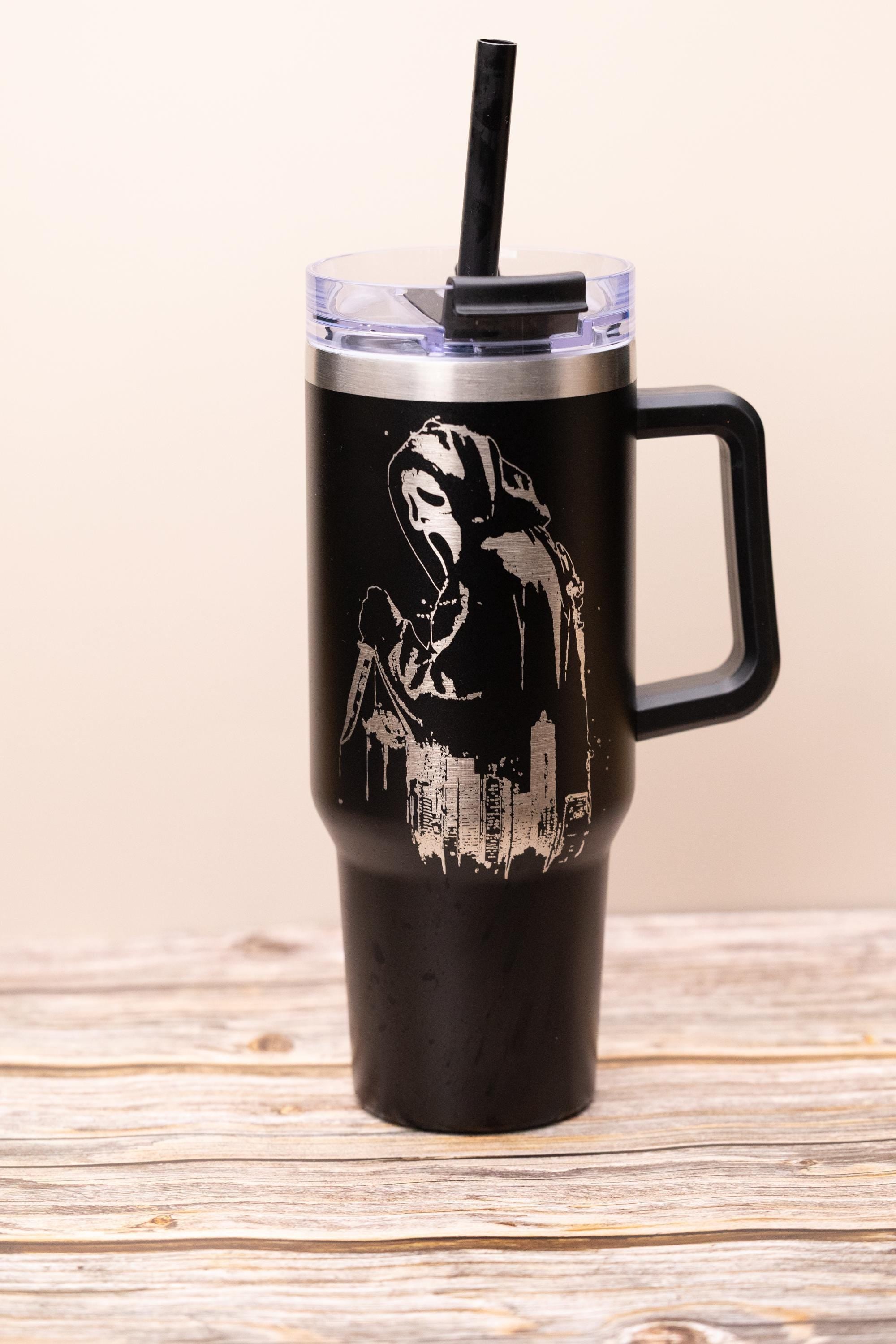 Ghost face tumbler: laser engraved scream movie stainless steel cup