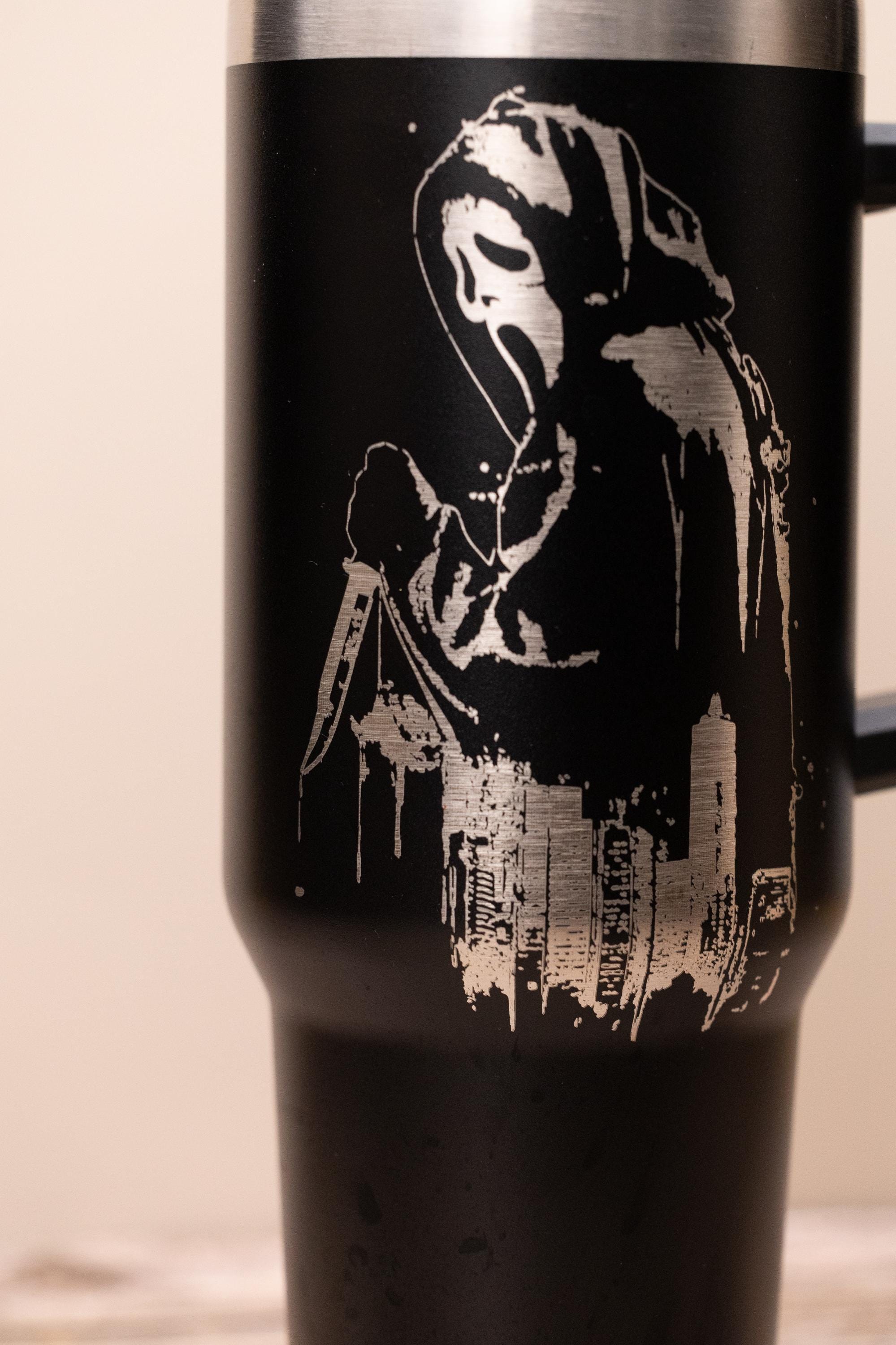 Ghost face tumbler: laser engraved scream movie stainless steel cup