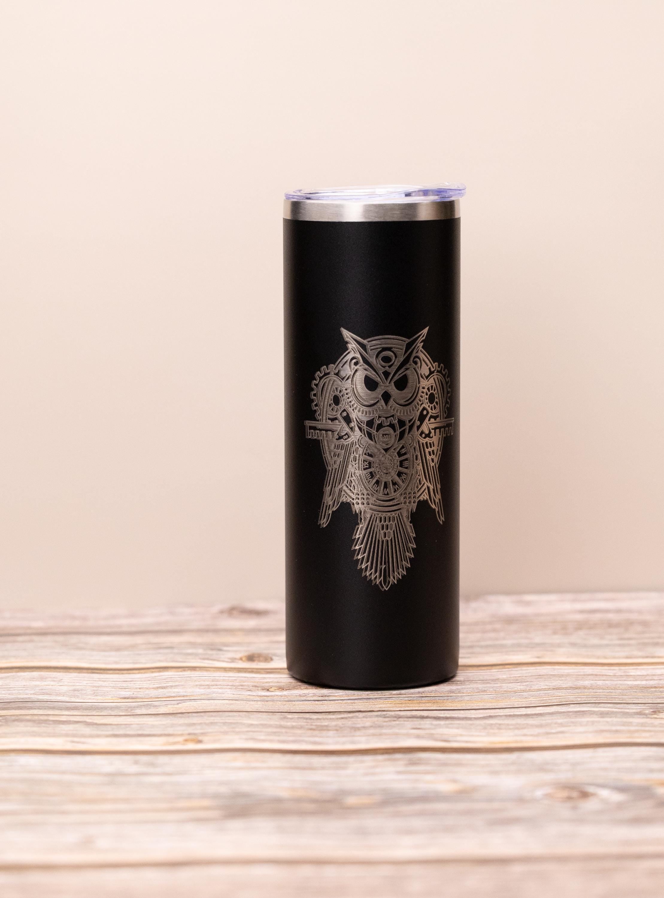 Steampunk owl 20oz skinny tumbler with lid | laser engraved stainless steel cup | fantasy owl gift | geeky nature drinkware