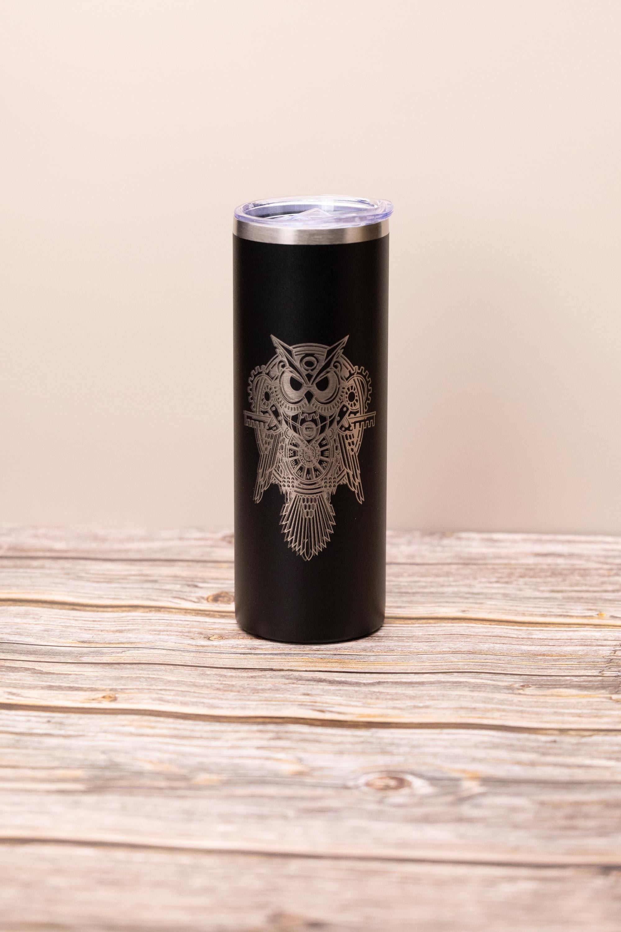 Steampunk owl 20oz skinny tumbler with lid | laser engraved stainless steel cup | fantasy owl gift | geeky nature drinkware