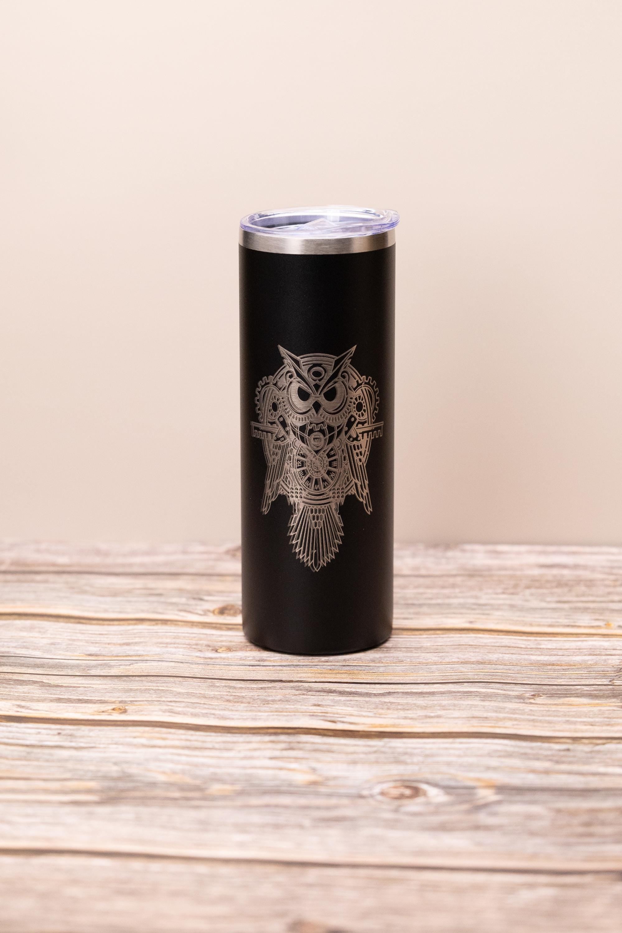 Steampunk owl 20oz skinny tumbler with lid | laser engraved stainless steel cup | fantasy owl gift | geeky nature drinkware