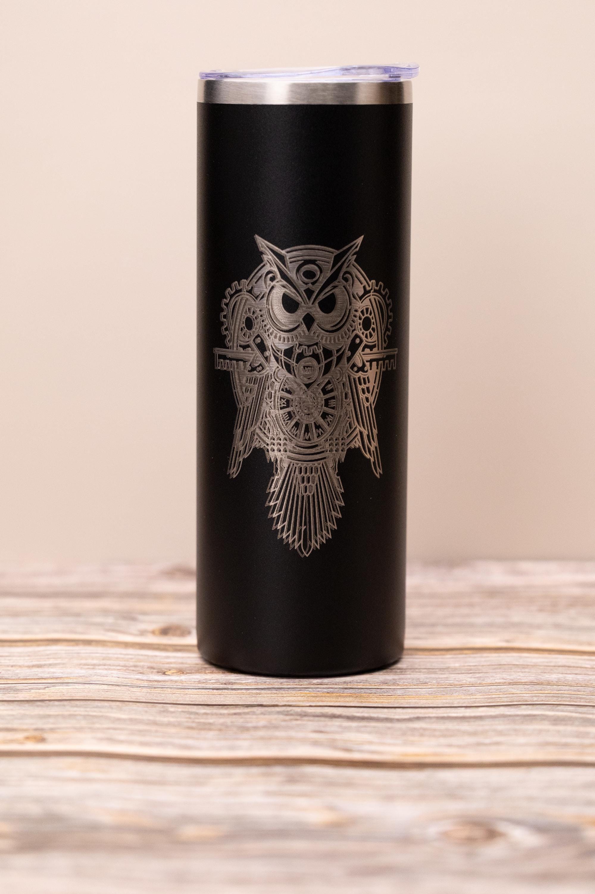Steampunk owl 20oz skinny tumbler with lid | laser engraved stainless steel cup | fantasy owl gift | geeky nature drinkware