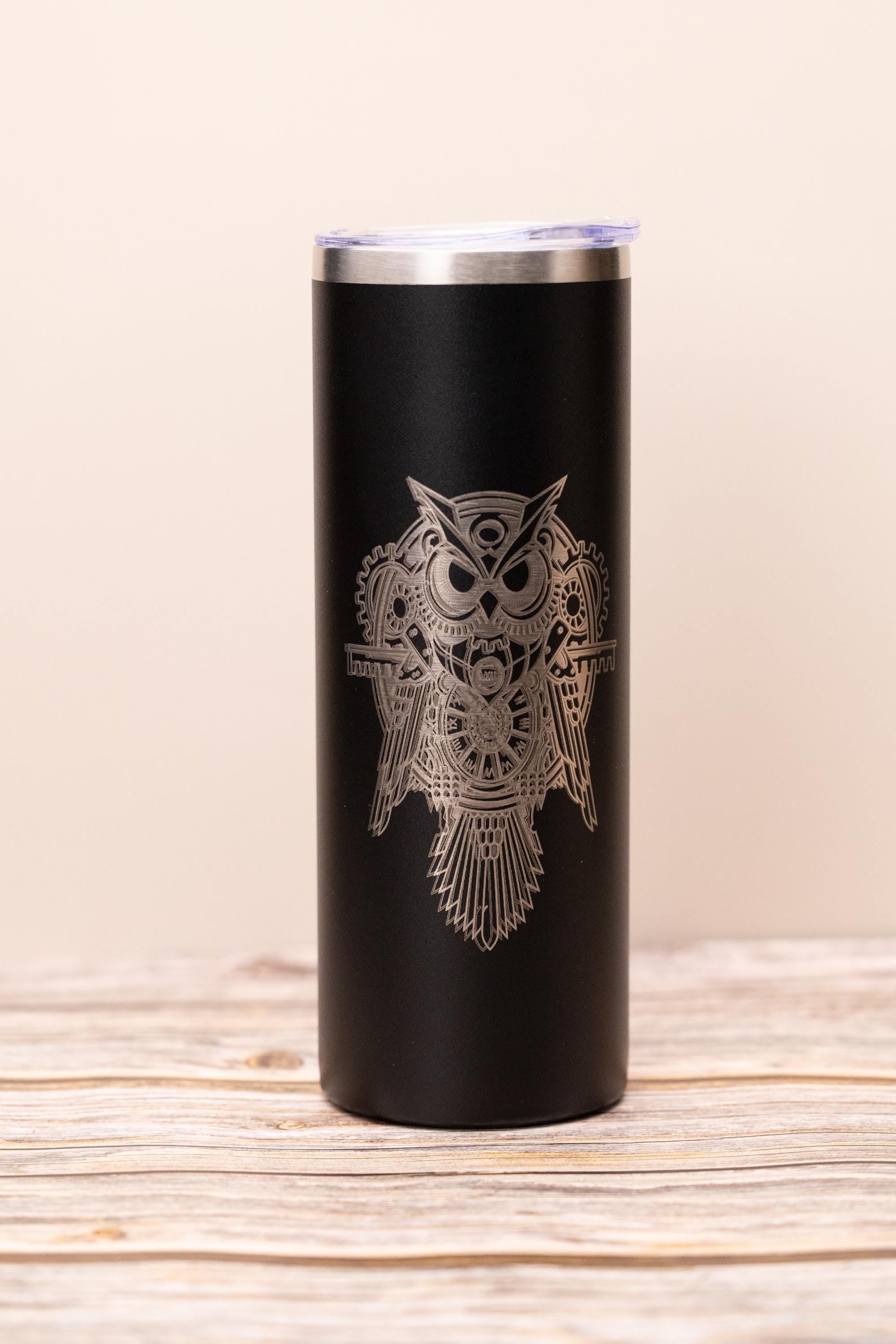 Steampunk owl 20oz skinny tumbler with lid | laser engraved stainless steel cup | fantasy owl gift | geeky nature drinkware
