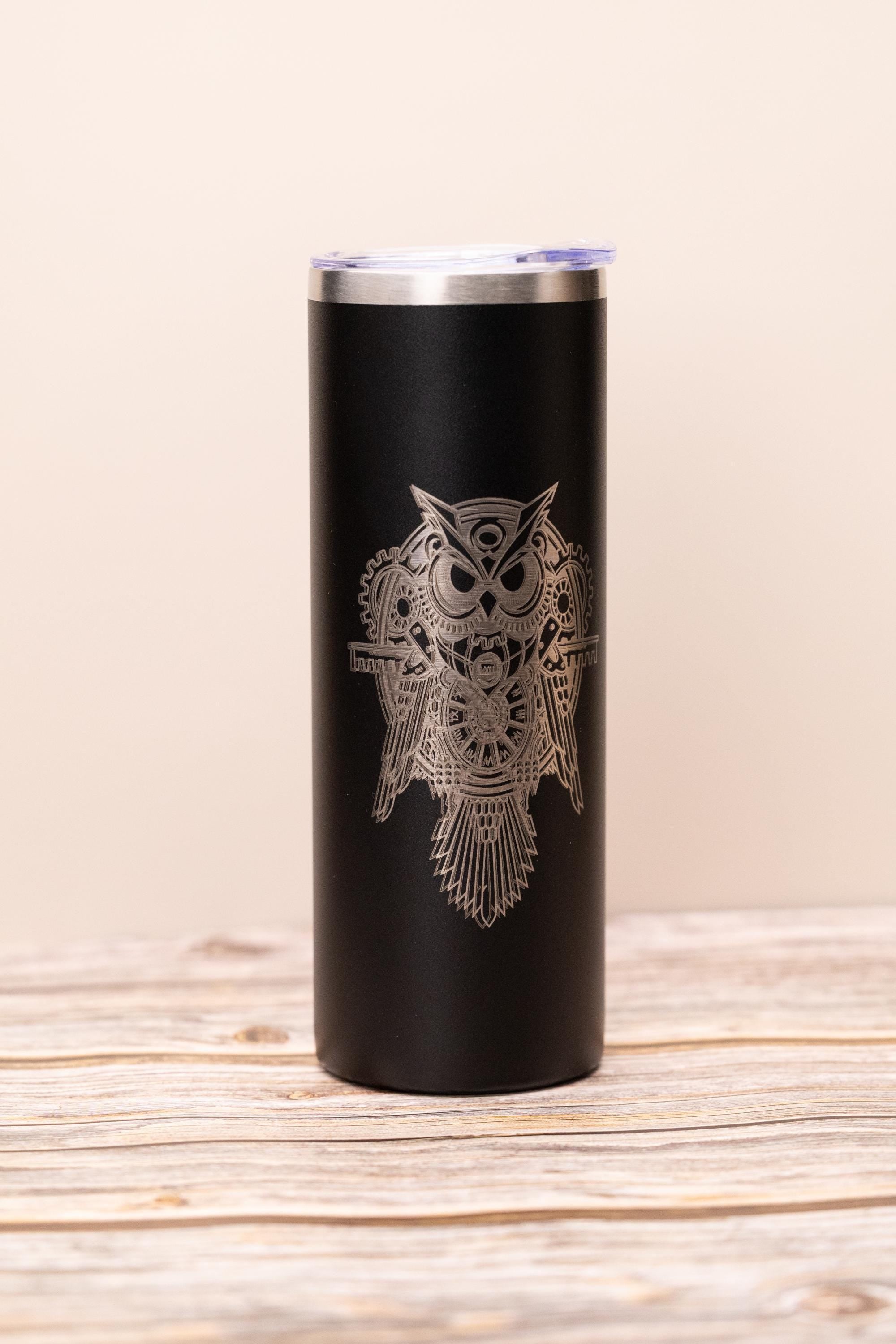 Steampunk owl 20oz skinny tumbler with lid | laser engraved stainless steel cup | fantasy owl gift | geeky nature drinkware