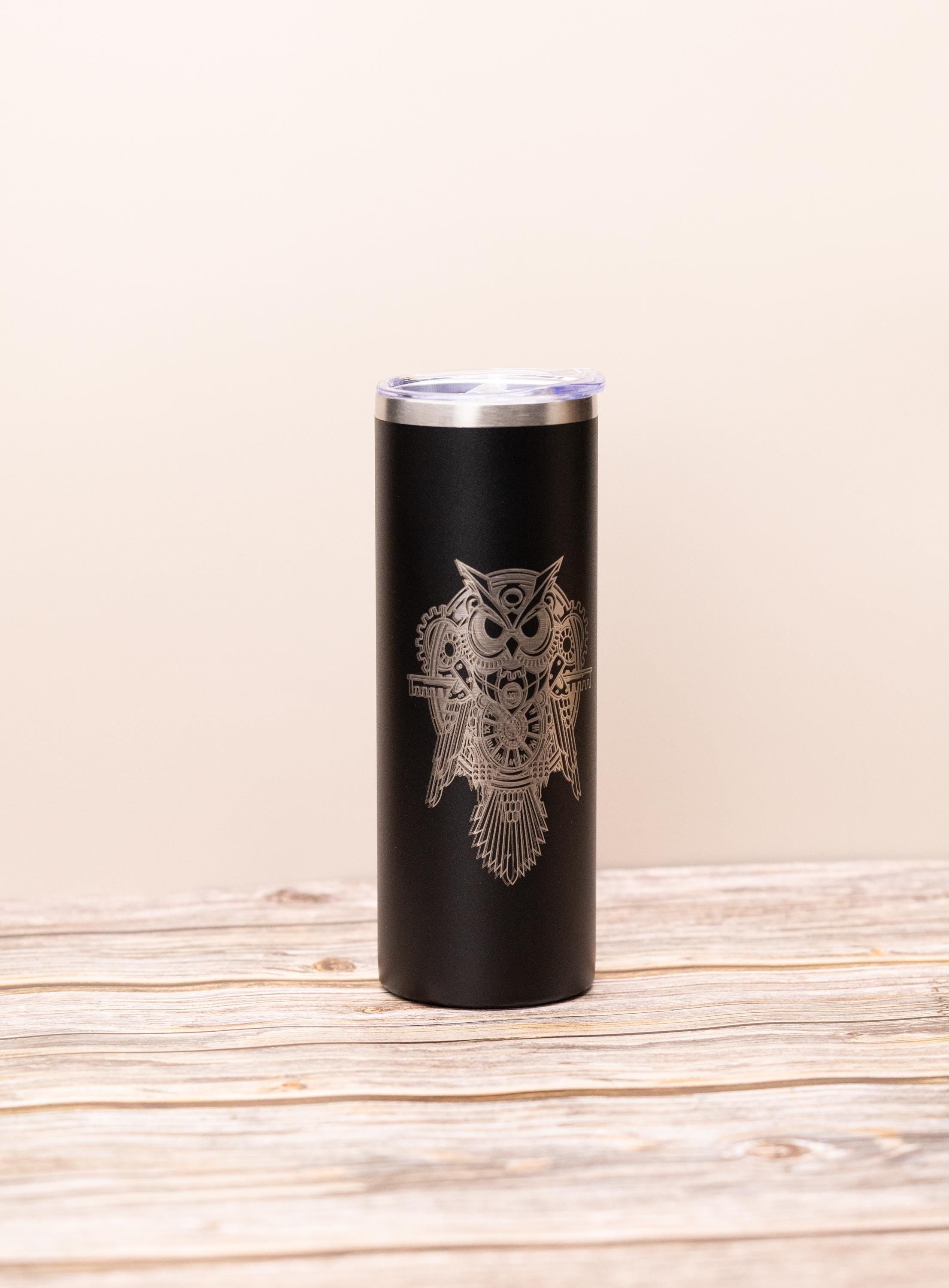 Steampunk owl 20oz skinny tumbler with lid | laser engraved stainless steel cup | fantasy owl gift | geeky nature drinkware