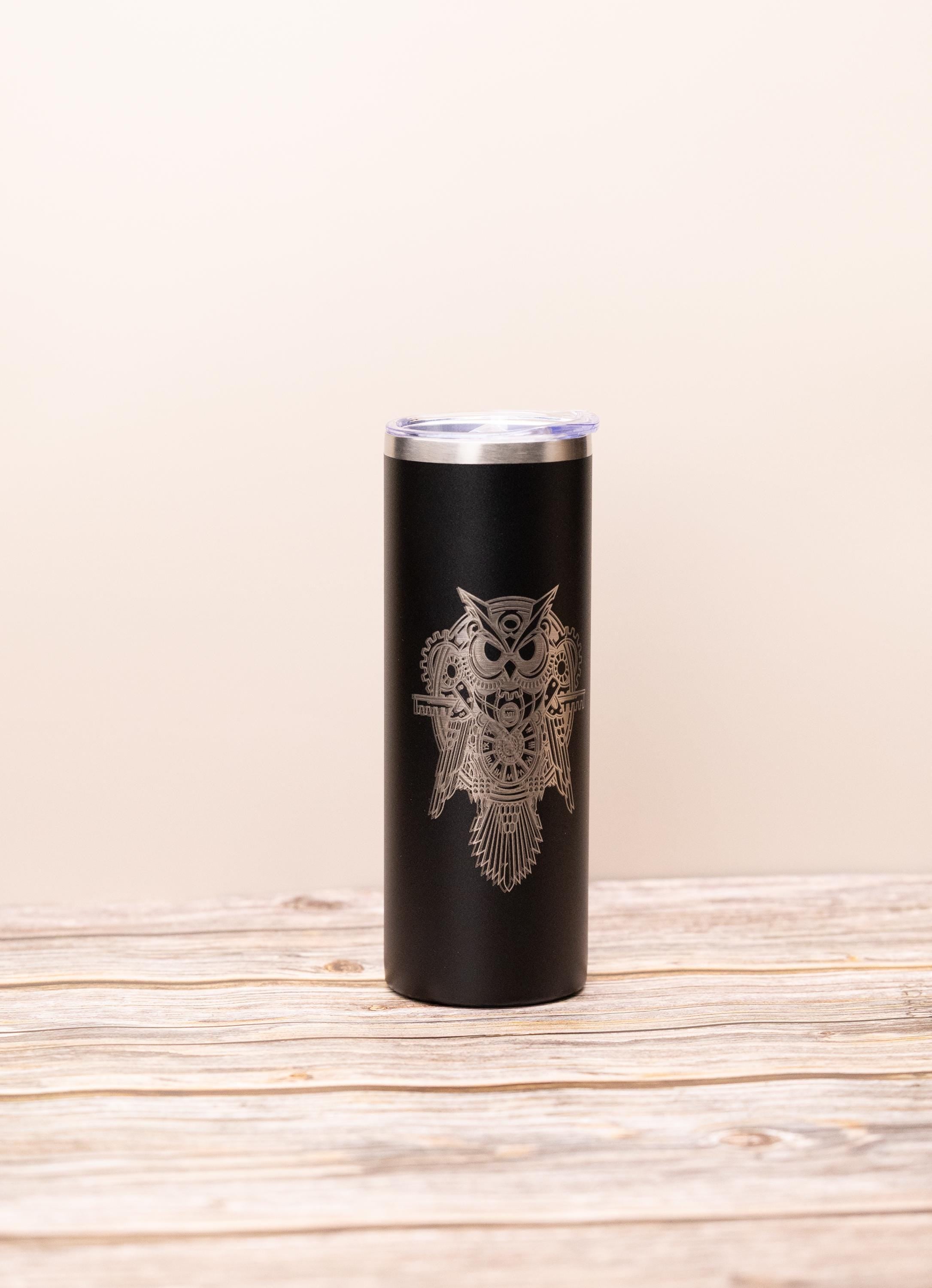 Steampunk owl 20oz skinny tumbler with lid | laser engraved stainless steel cup | fantasy owl gift | geeky nature drinkware