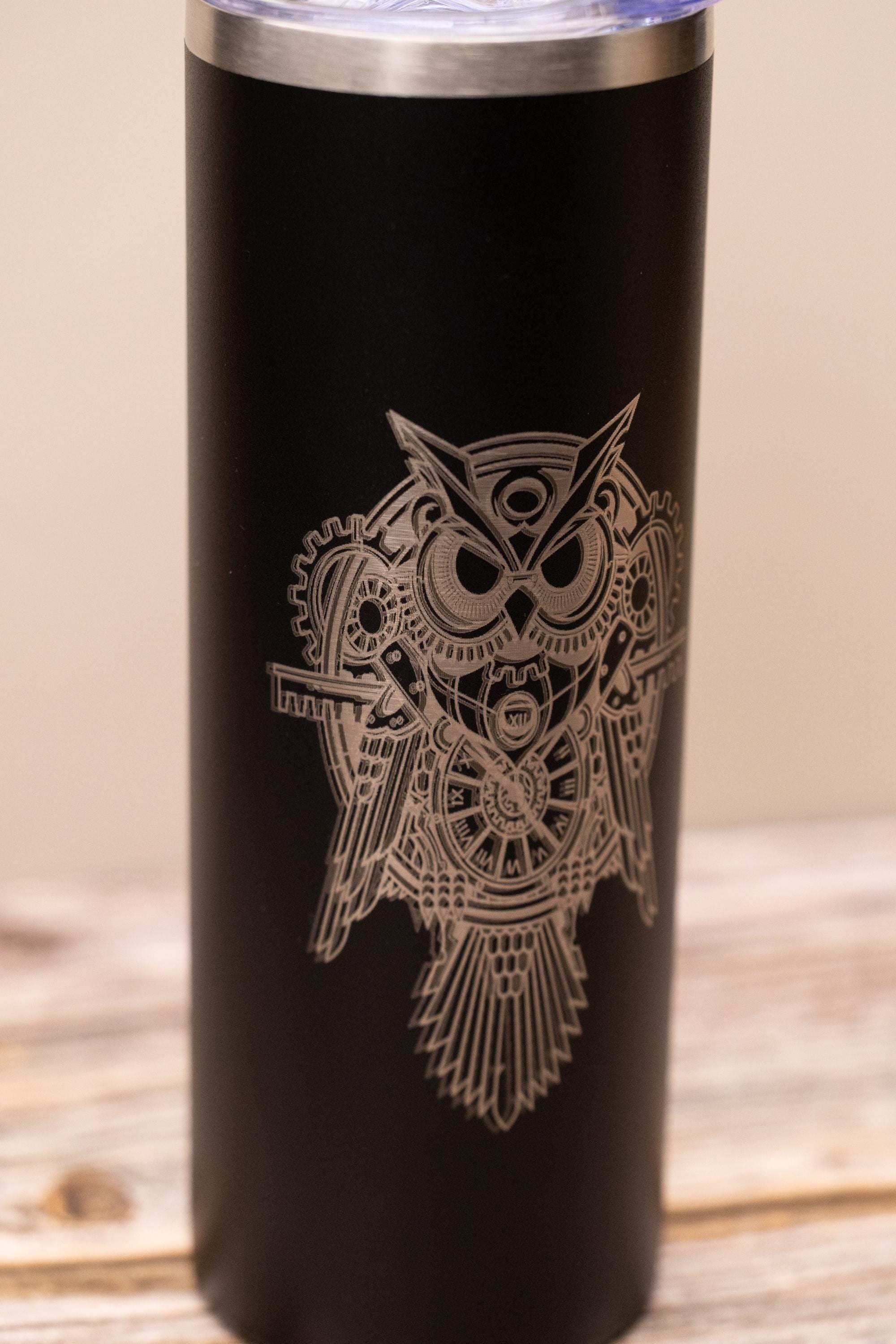 Steampunk owl 20oz skinny tumbler with lid | laser engraved stainless steel cup | fantasy owl gift | geeky nature drinkware