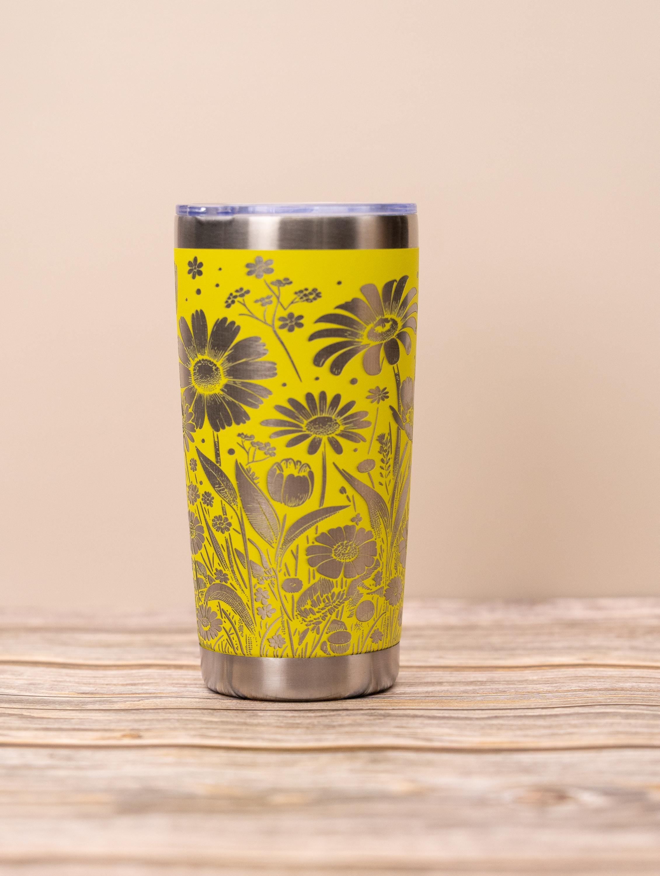 Daisy & tulip wrap 20oz tumbler with lid | laser engraved stainless steel cup | floral nature gift for garden lovers