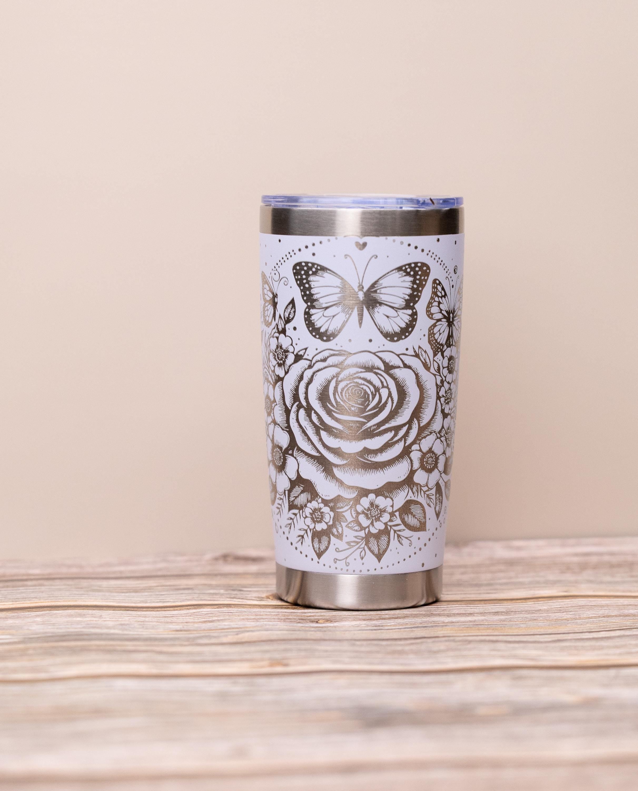 Rose & butterfly wrap 20oz tumbler with lid | laser engraved stainless steel cup | floral butterfly nature gift