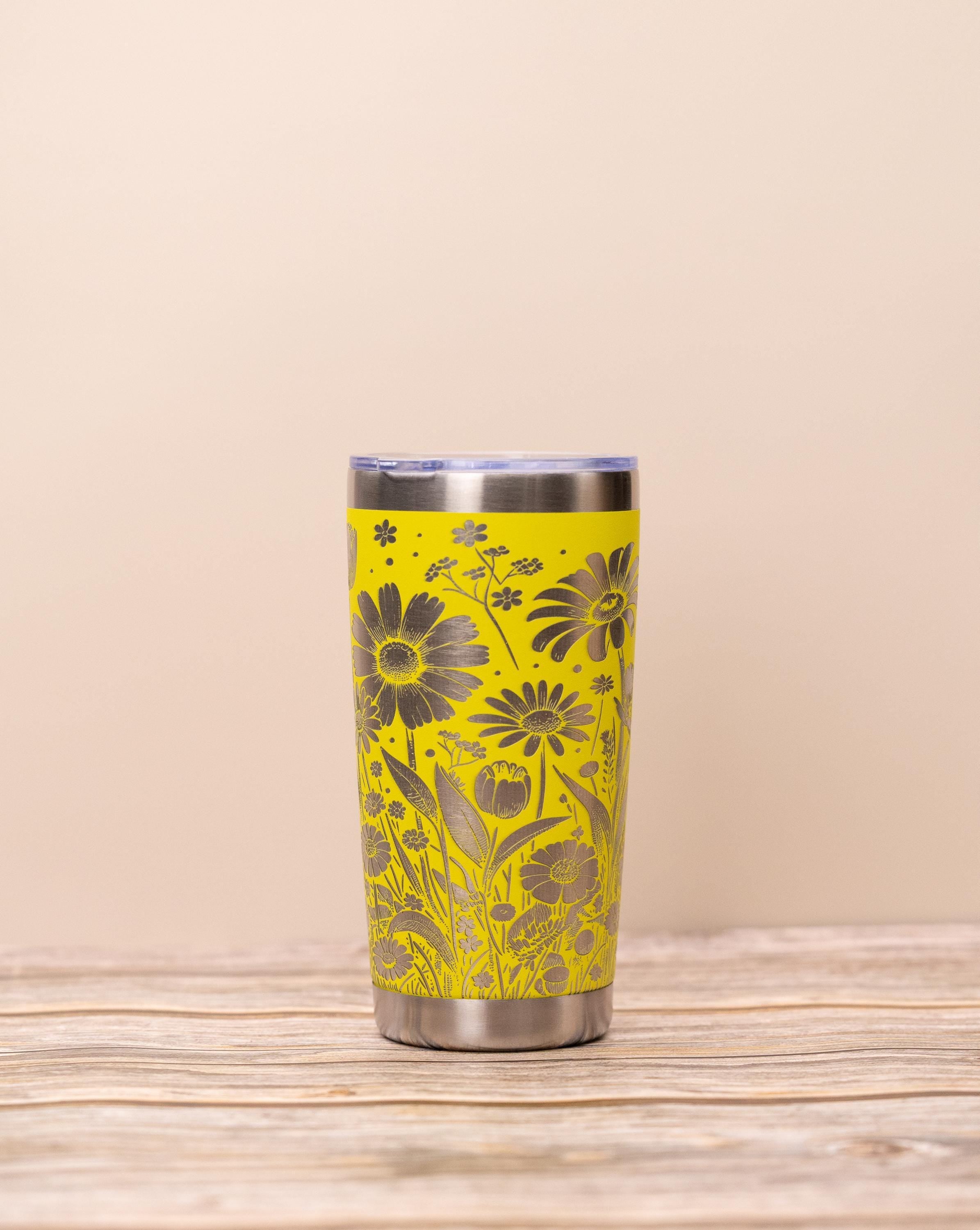Daisy & tulip wrap 20oz tumbler with lid | laser engraved stainless steel cup | floral nature gift for garden lovers