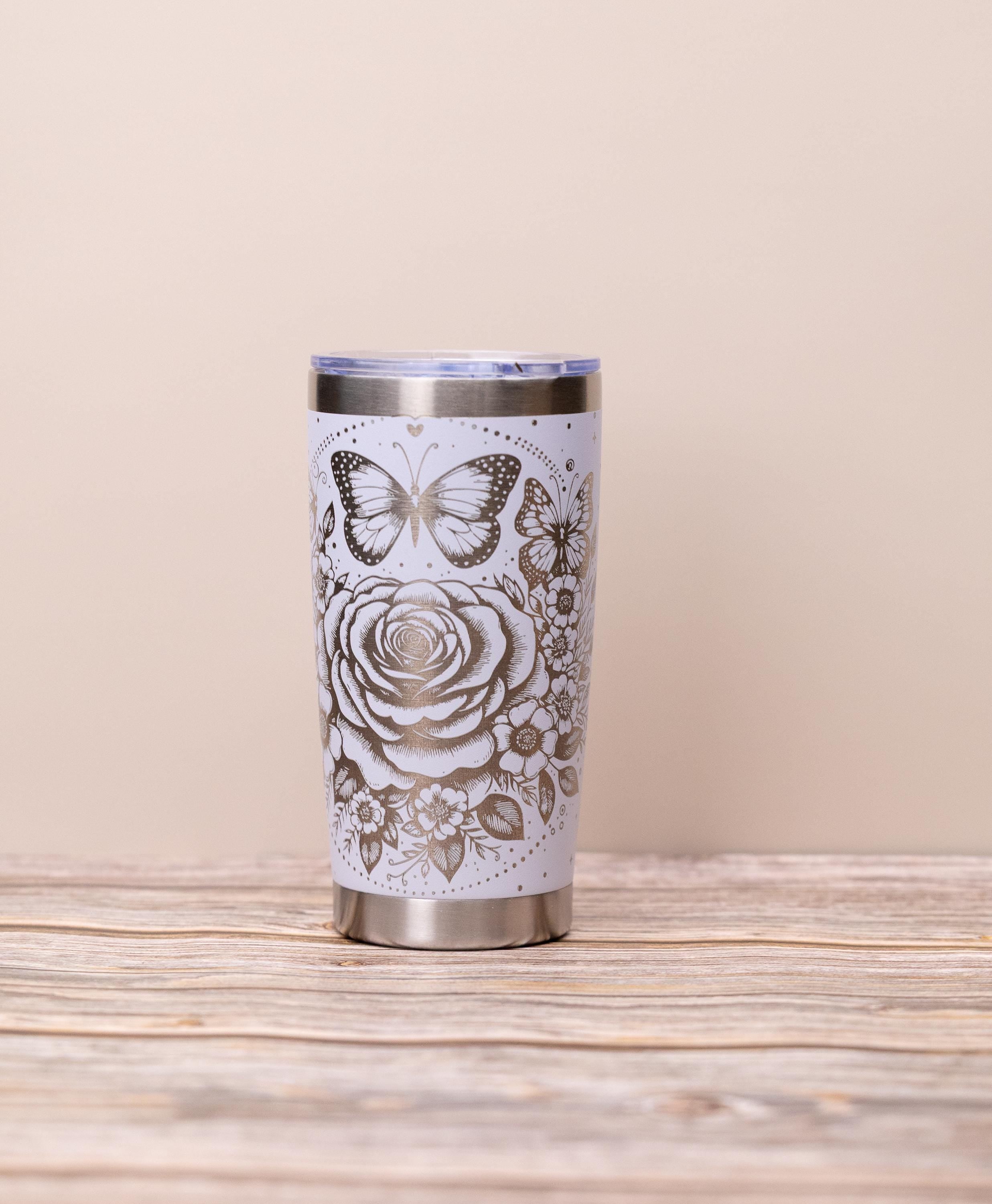 Rose & butterfly wrap 20oz tumbler with lid | laser engraved stainless steel cup | floral butterfly nature gift
