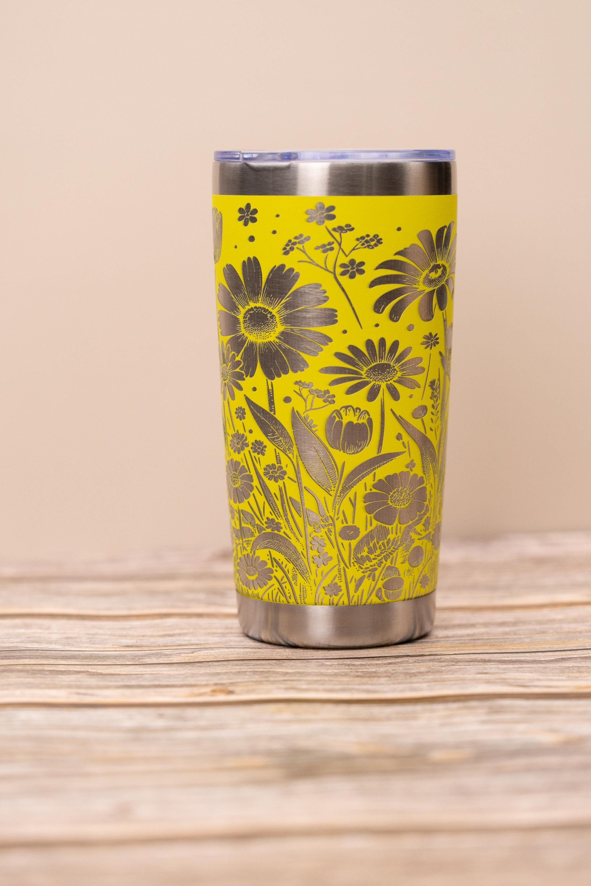 Daisy & tulip wrap 20oz tumbler with lid | laser engraved stainless steel cup | floral nature gift for garden lovers