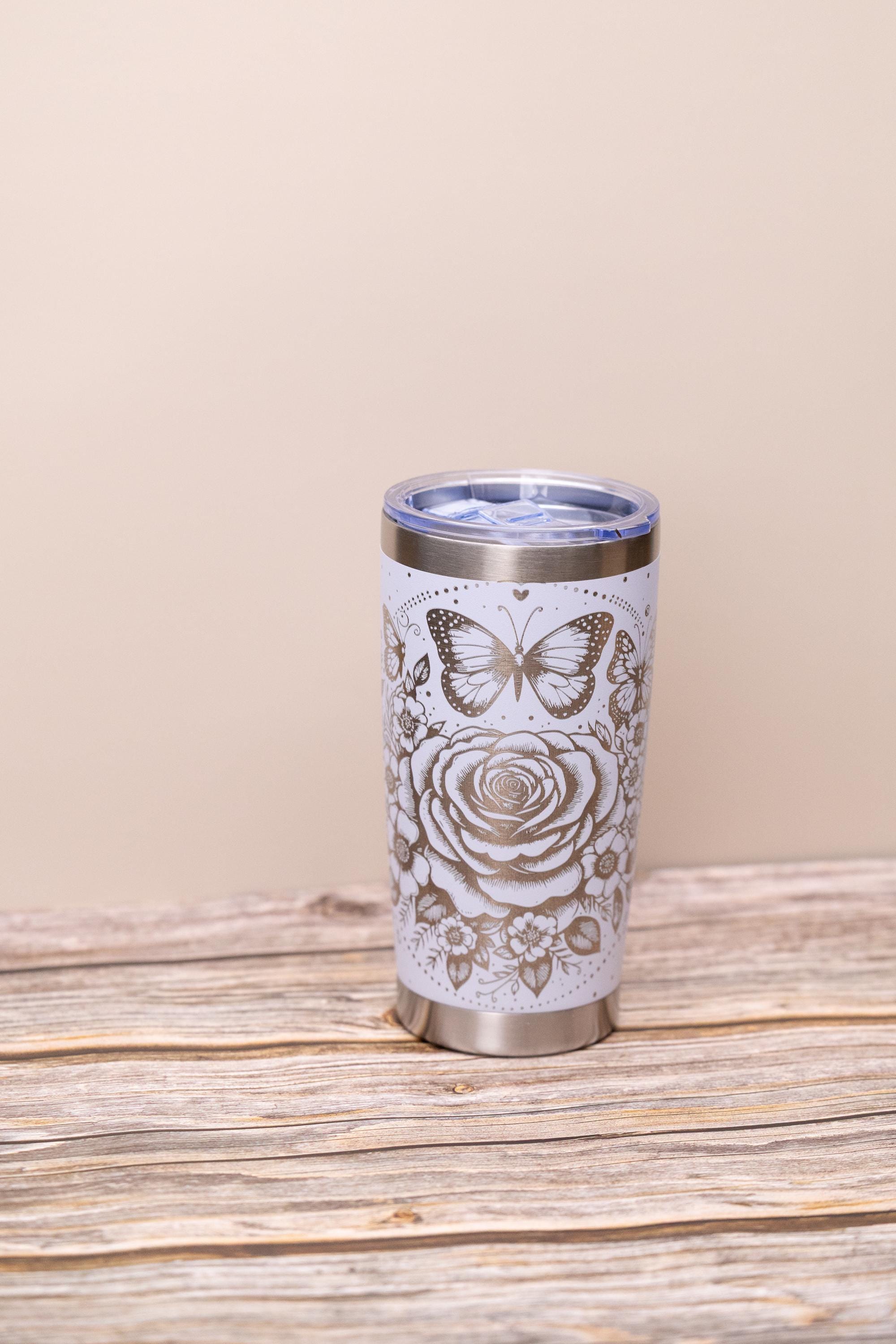 Rose & butterfly wrap 20oz tumbler with lid | laser engraved stainless steel cup | floral butterfly nature gift