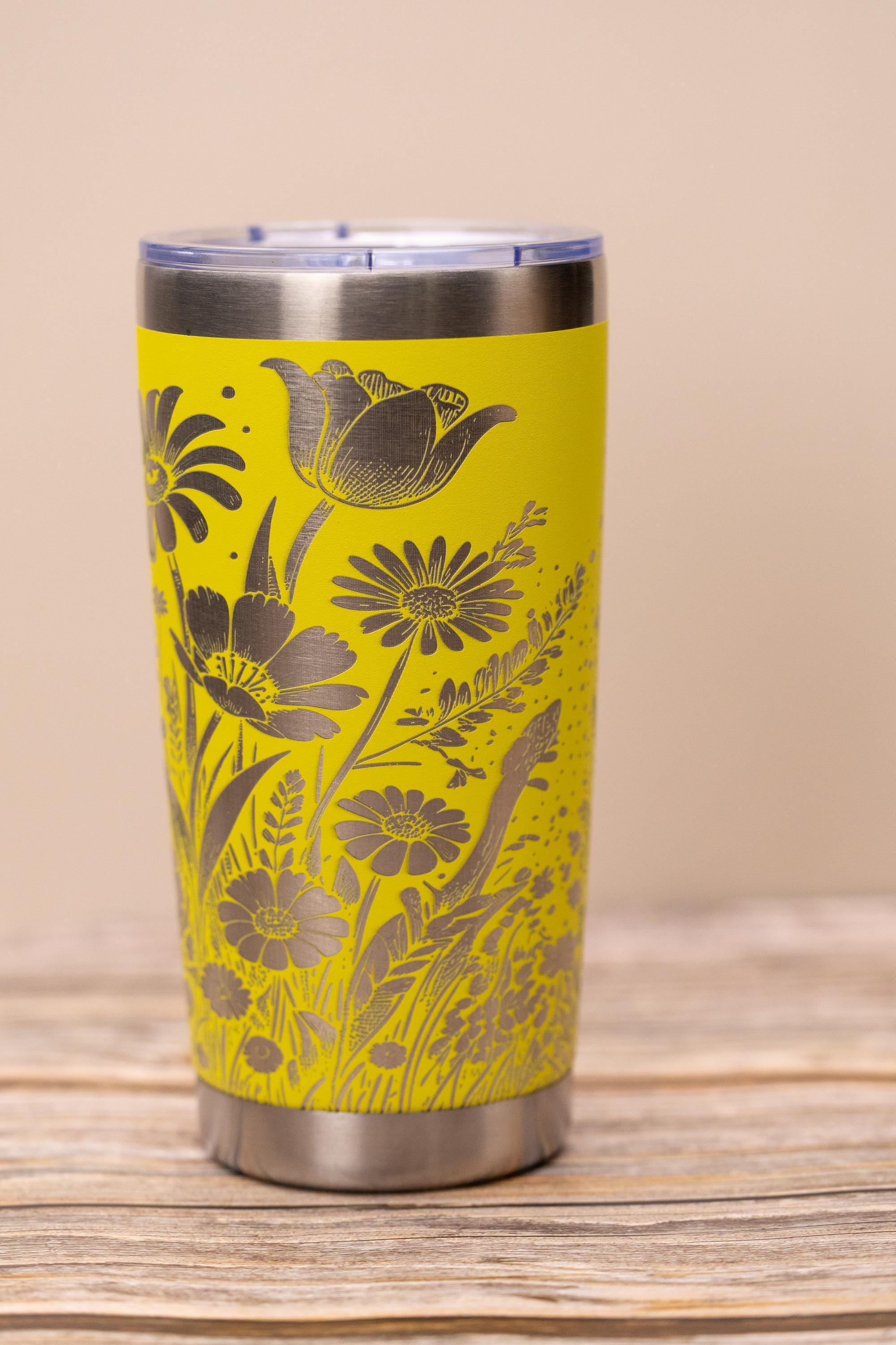 Daisy & tulip wrap 20oz tumbler with lid | laser engraved stainless steel cup | floral nature gift for garden lovers