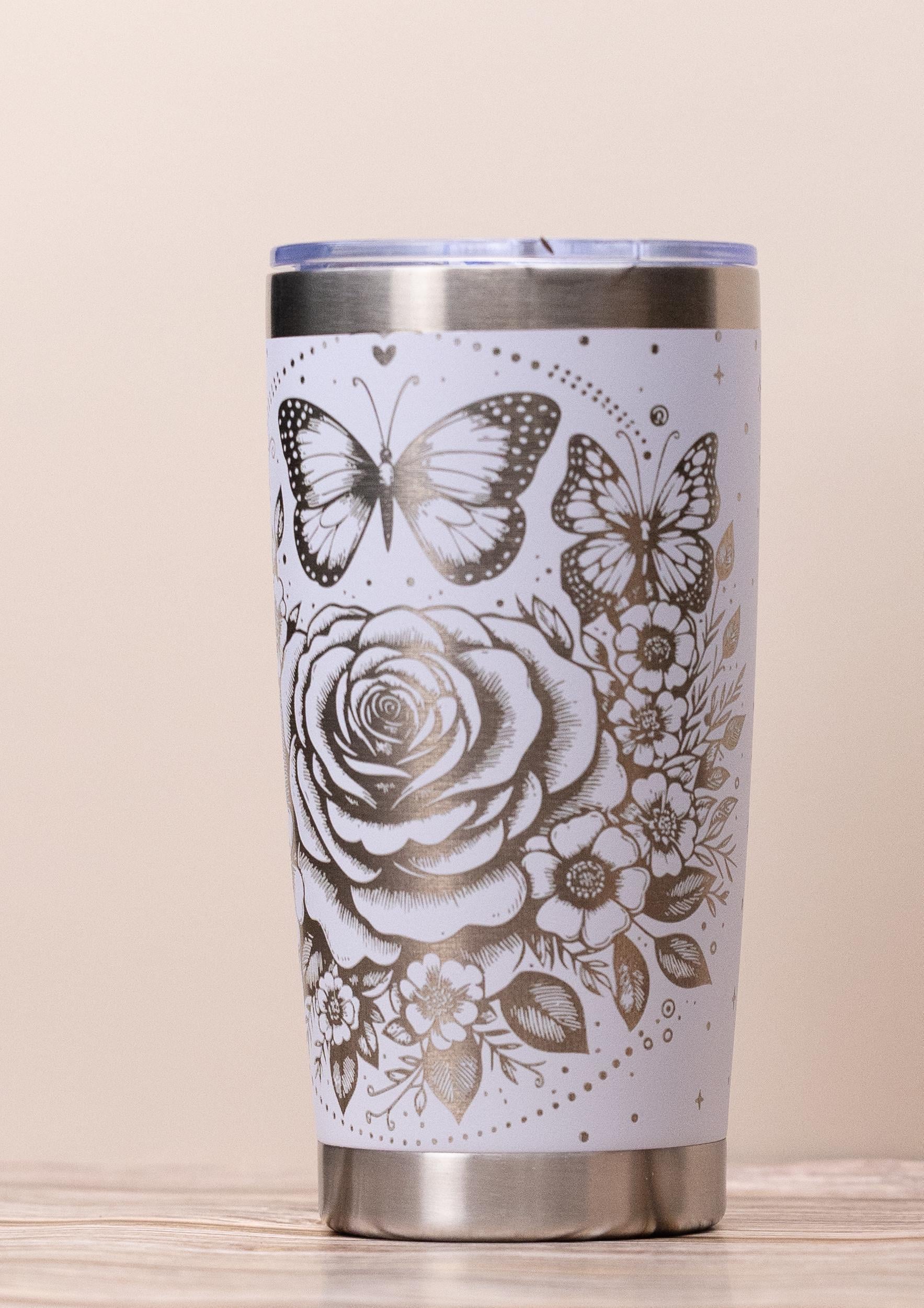 Rose & butterfly wrap 20oz tumbler with lid | laser engraved stainless steel cup | floral butterfly nature gift