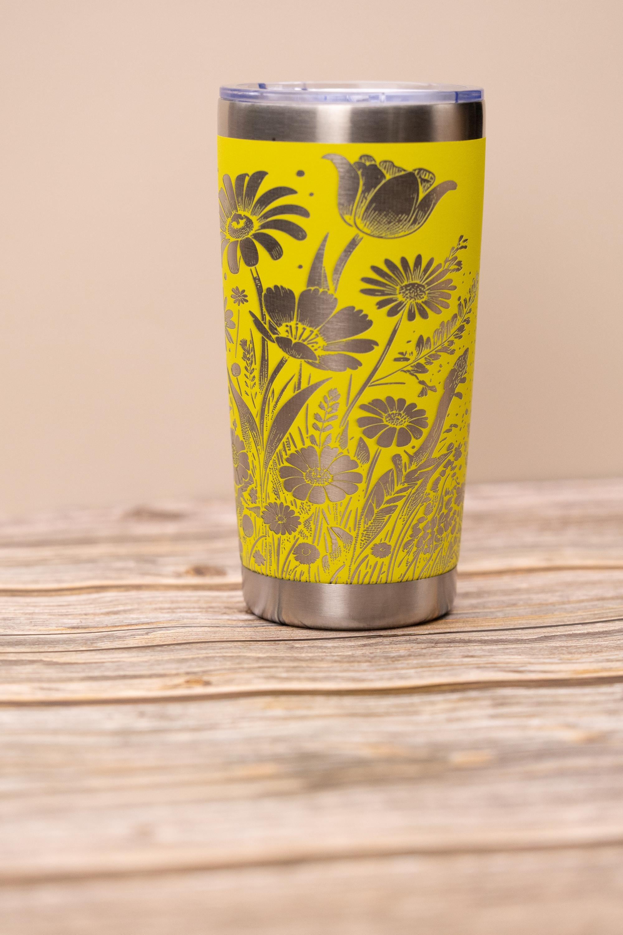 Daisy & tulip wrap 20oz tumbler with lid | laser engraved stainless steel cup | floral nature gift for garden lovers