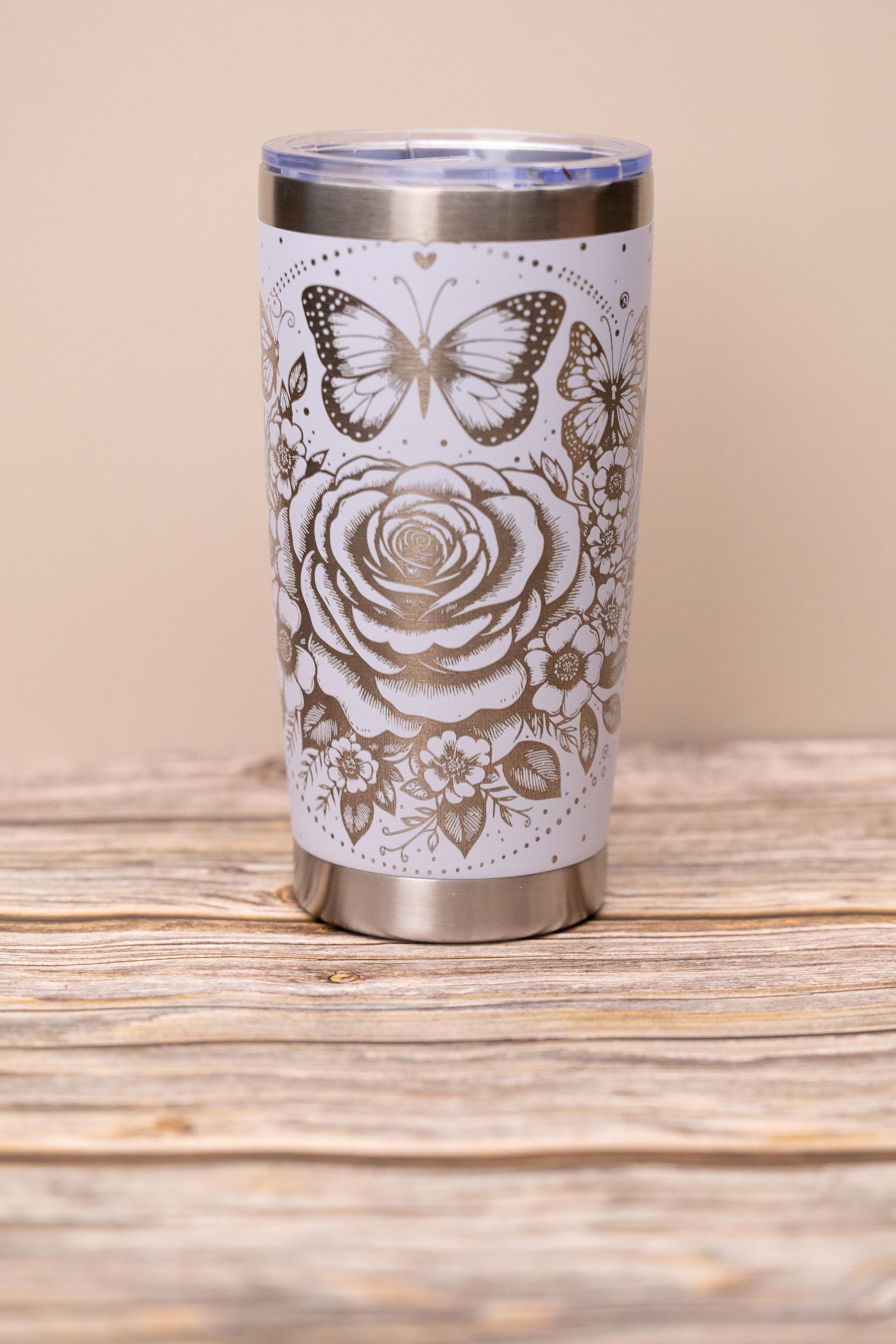 Rose & butterfly wrap 20oz tumbler with lid | laser engraved stainless steel cup | floral butterfly nature gift