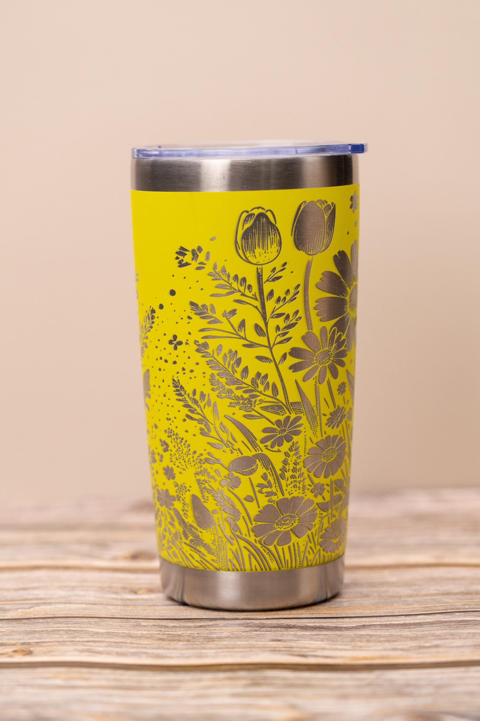 Daisy & tulip wrap 20oz tumbler with lid | laser engraved stainless steel cup | floral nature gift for garden lovers