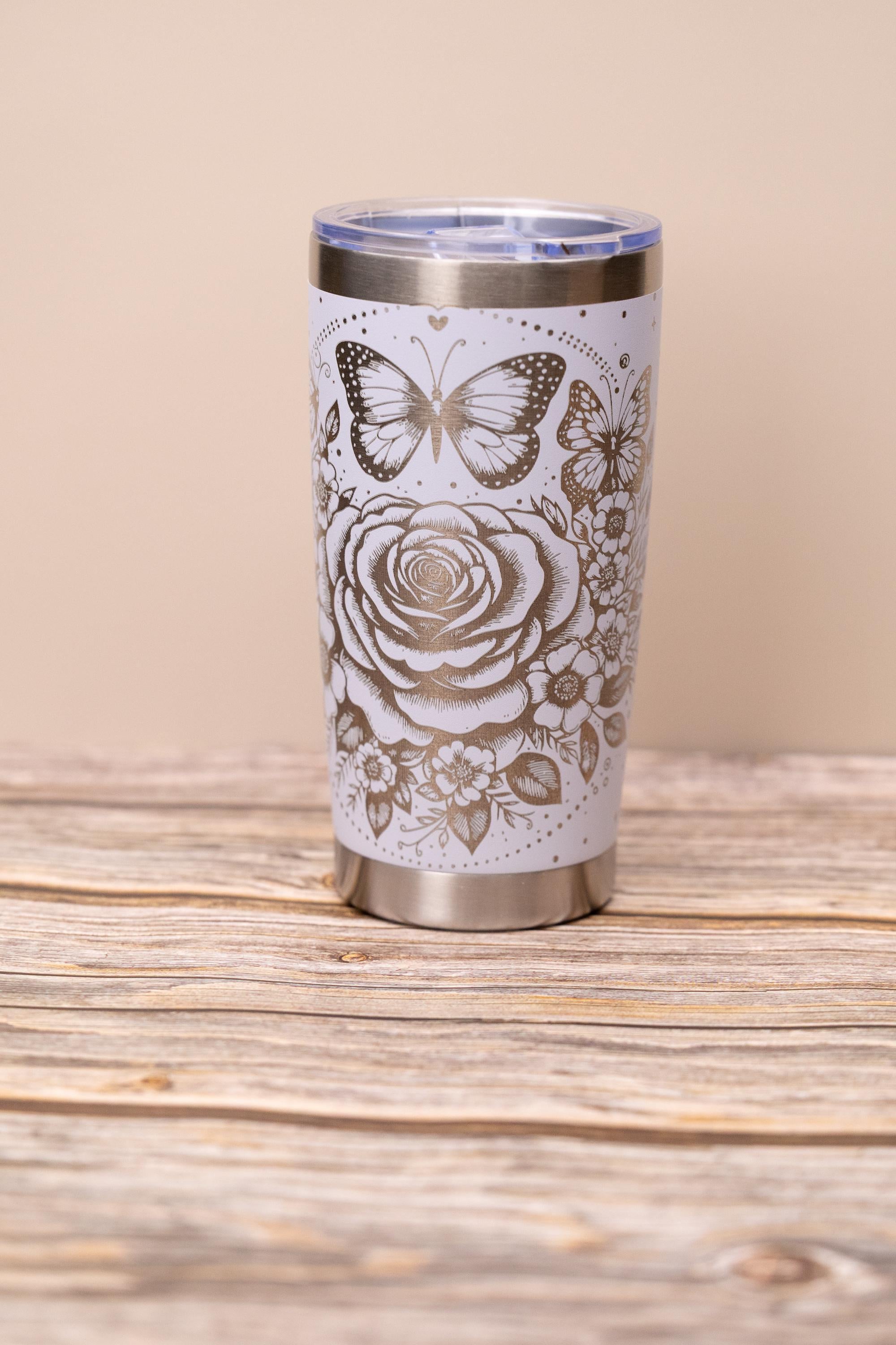 Rose & butterfly wrap 20oz tumbler with lid | laser engraved stainless steel cup | floral butterfly nature gift