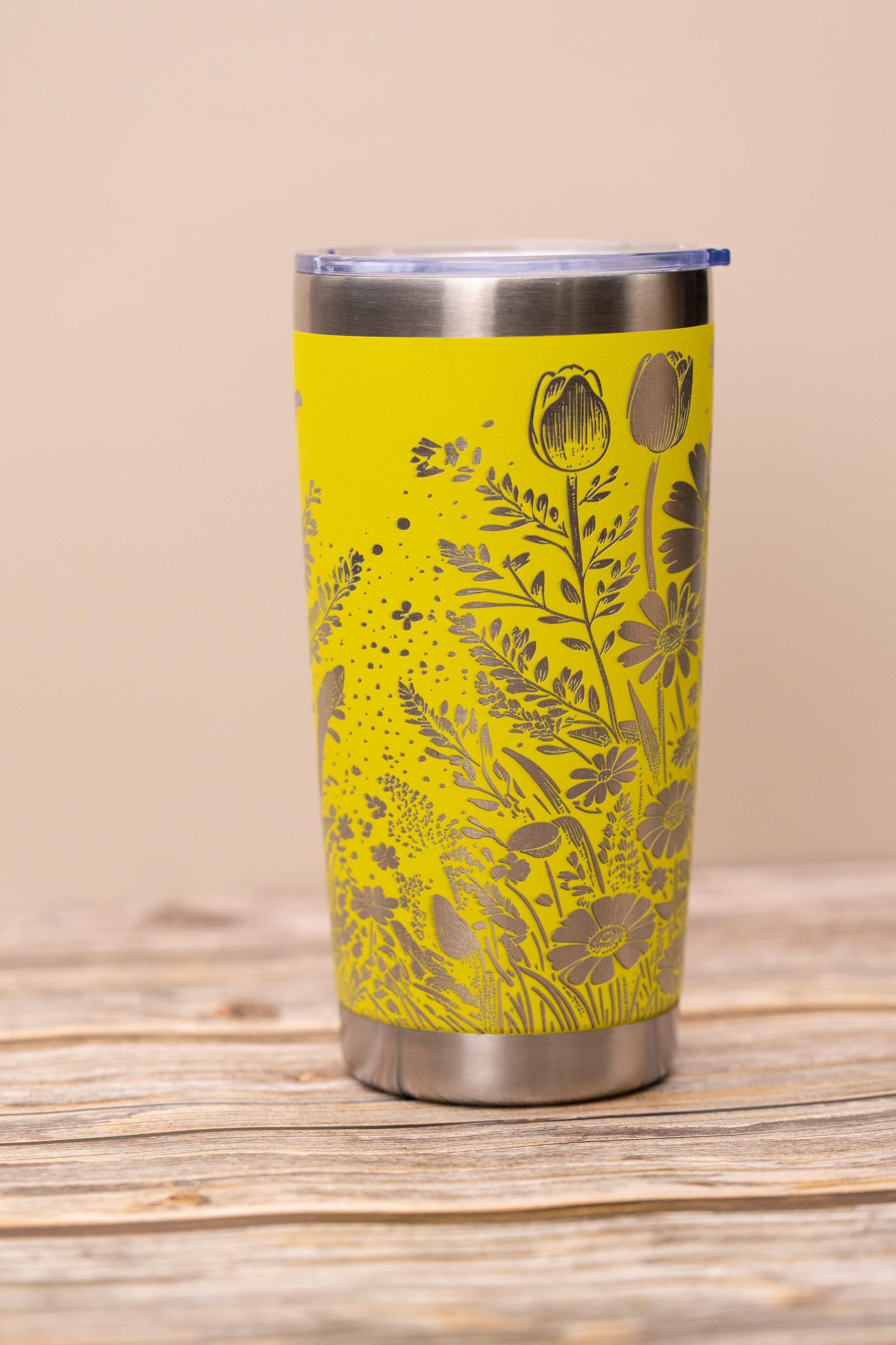 Daisy & tulip wrap 20oz tumbler with lid | laser engraved stainless steel cup | floral nature gift for garden lovers