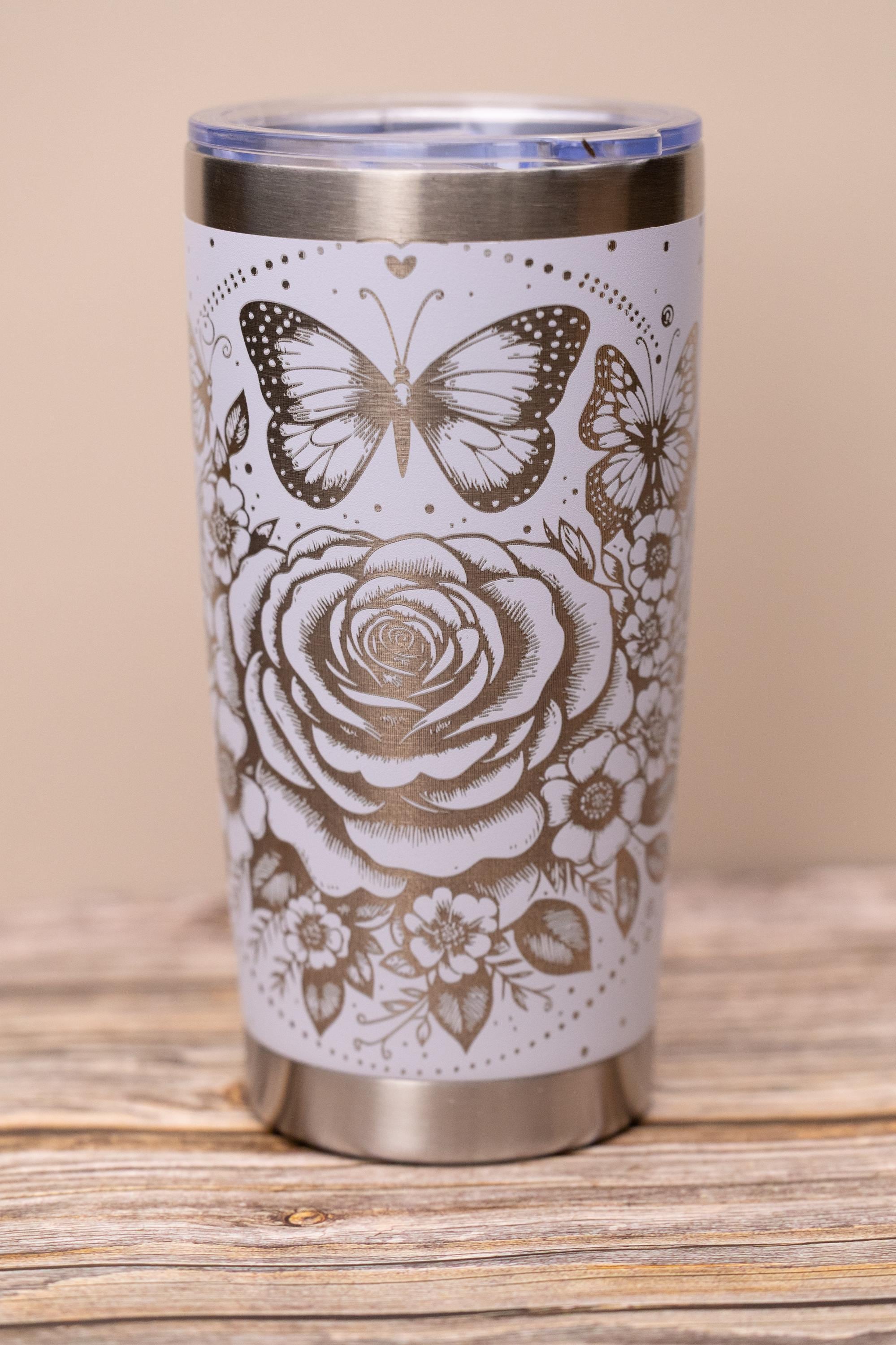 Rose & butterfly wrap 20oz tumbler with lid | laser engraved stainless steel cup | floral butterfly nature gift