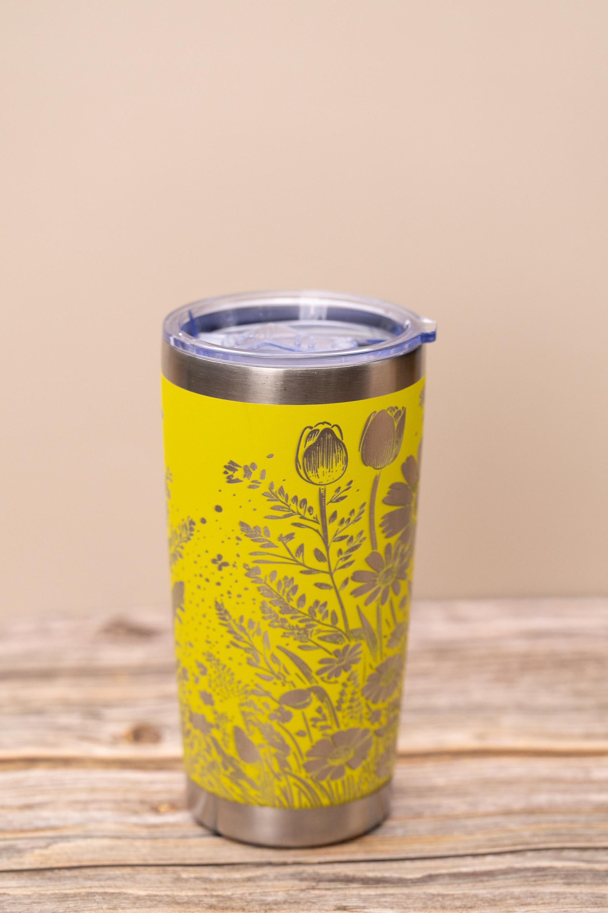 Daisy & tulip wrap 20oz tumbler with lid | laser engraved stainless steel cup | floral nature gift for garden lovers