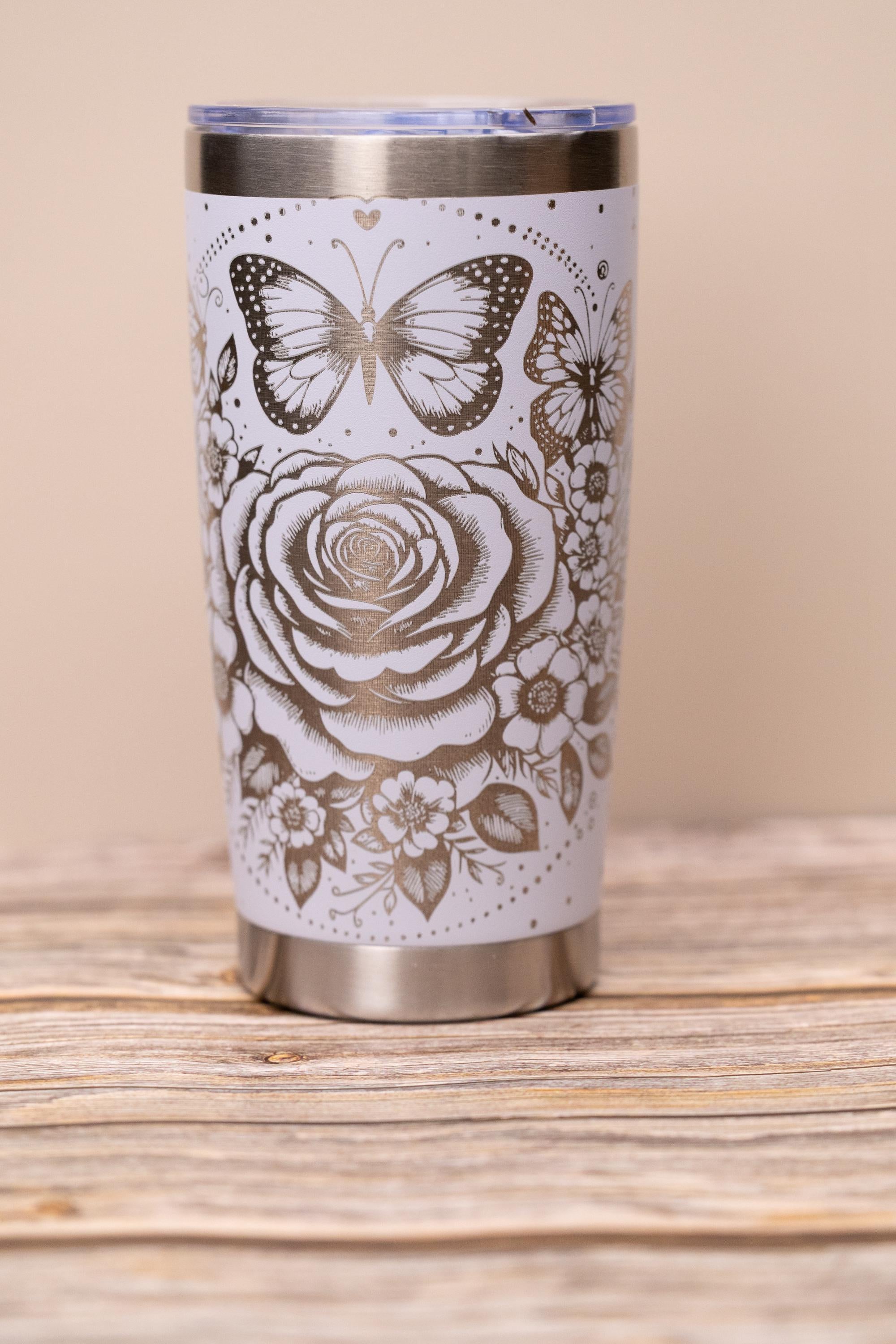 Rose & butterfly wrap 20oz tumbler with lid | laser engraved stainless steel cup | floral butterfly nature gift
