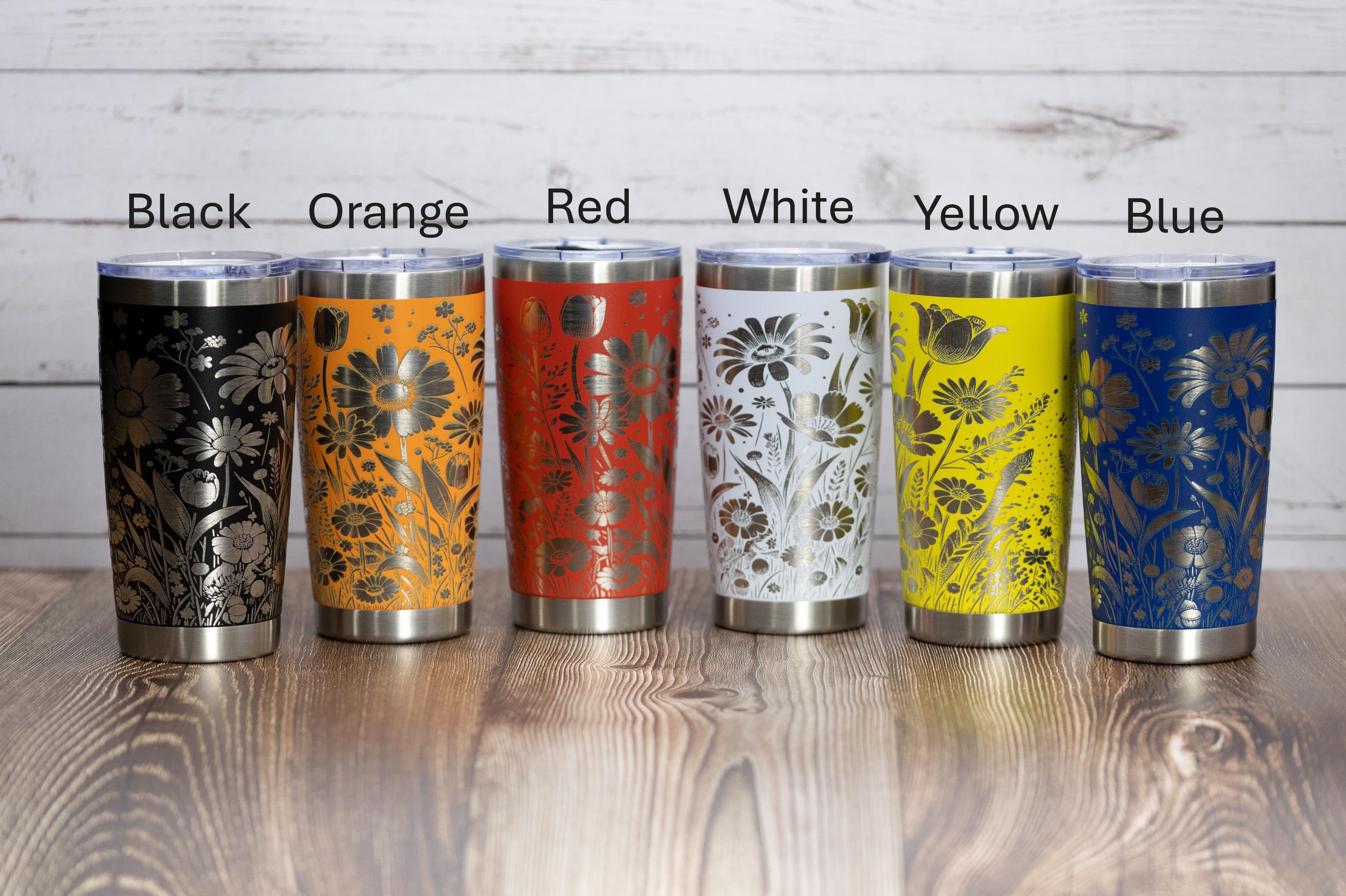 Daisy & tulip wrap 20oz tumbler with lid | laser engraved stainless steel cup | floral nature gift for garden lovers