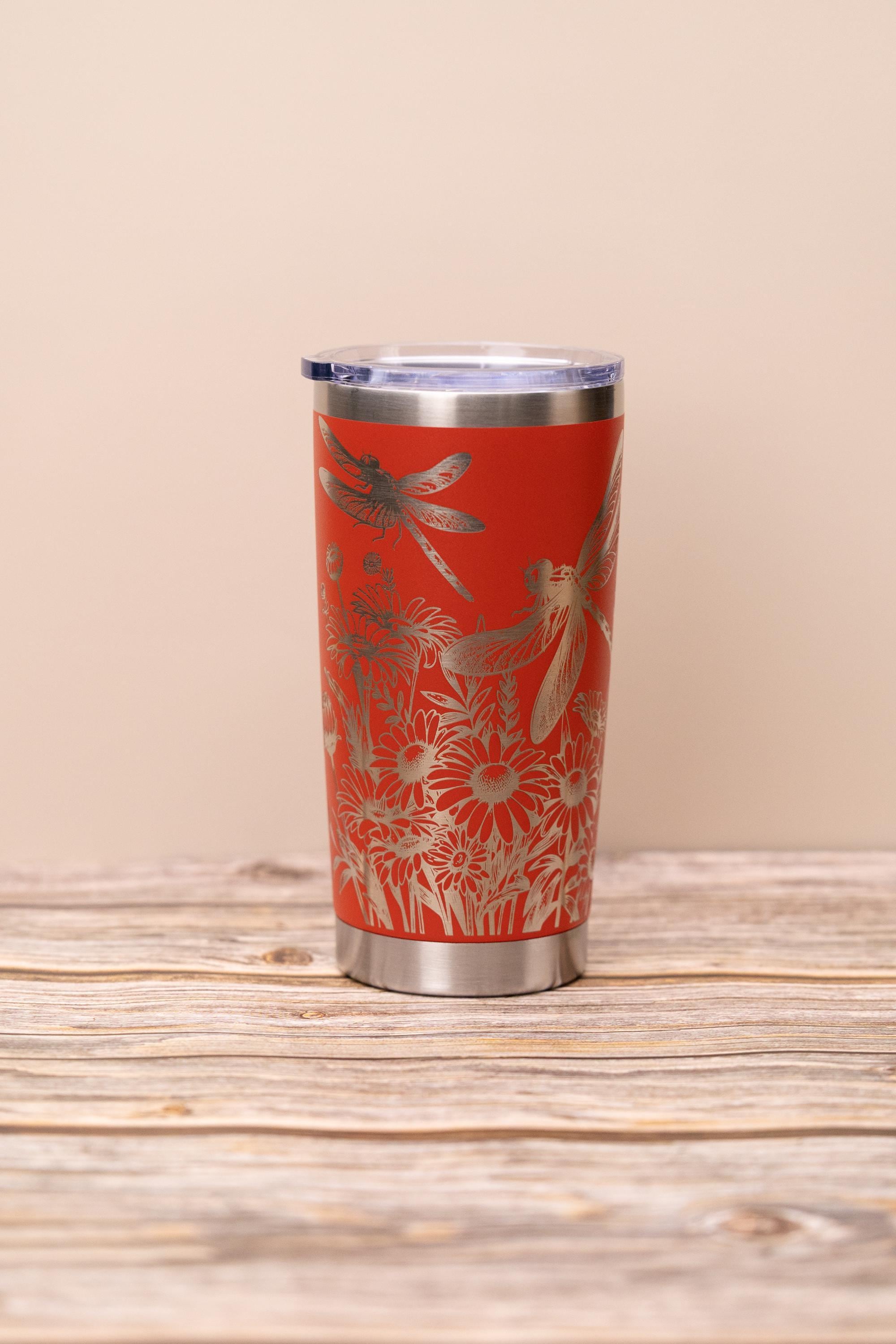 Dragonfly wrap tumbler: laser engraved stainless steel insulated travel mug