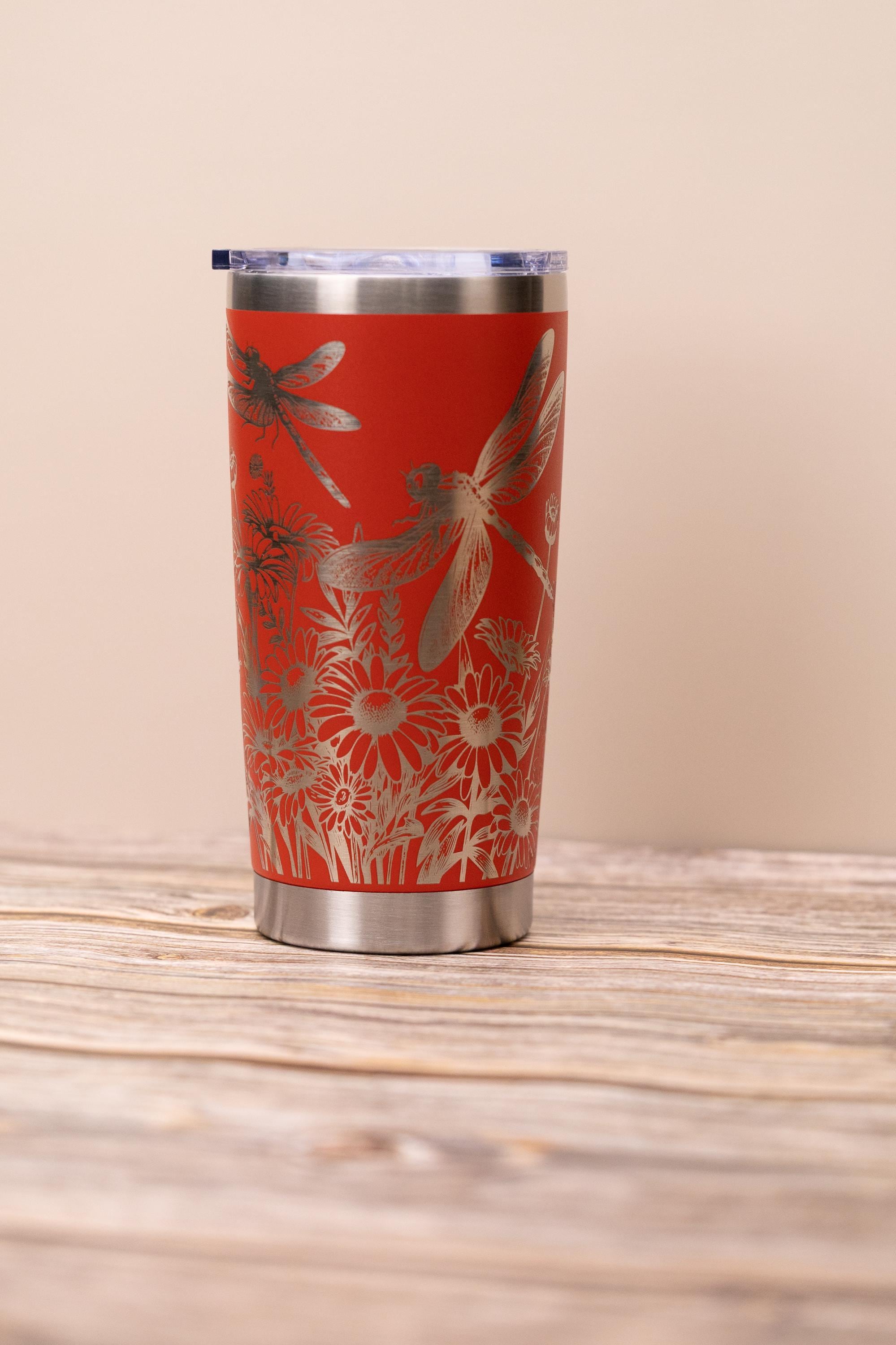 Dragonfly wrap tumbler: laser engraved stainless steel insulated travel mug