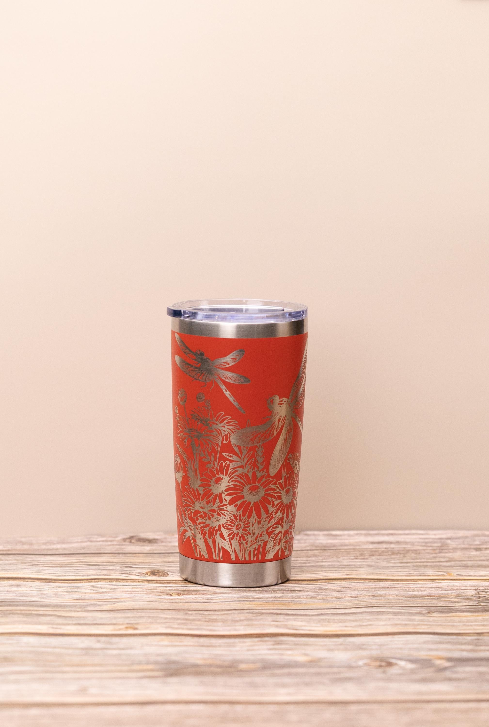 Dragonfly wrap tumbler: laser engraved stainless steel insulated travel mug
