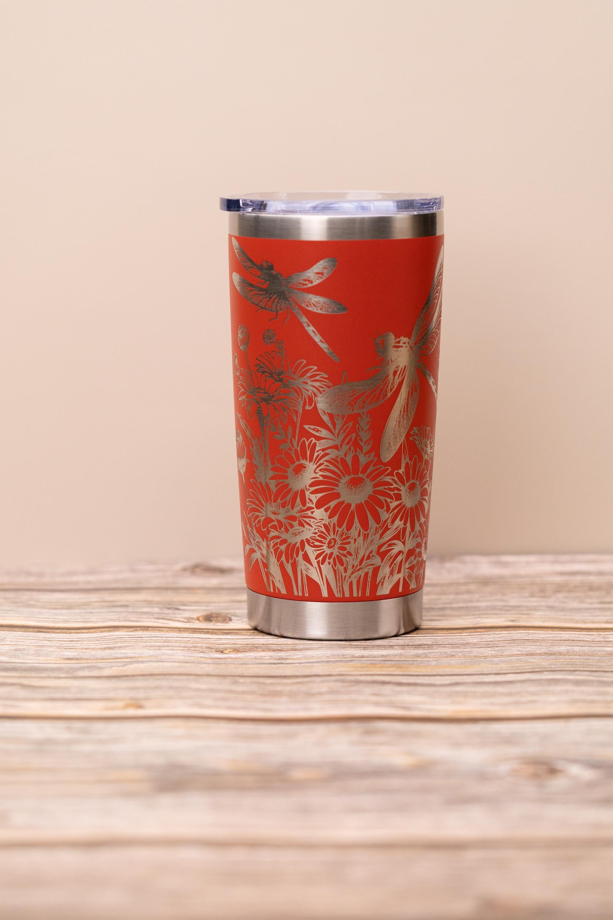Dragonfly wrap tumbler: laser engraved stainless steel insulated travel mug