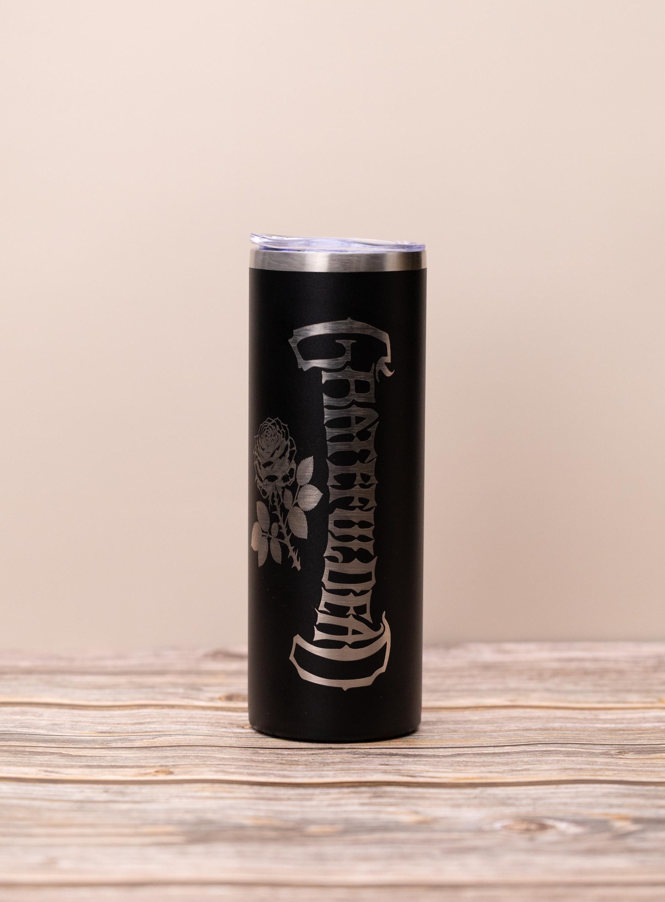 Grateful dead & rose 20oz skinny tumbler with lid | laser engraved stainless steel cup | deadhead music fan gift