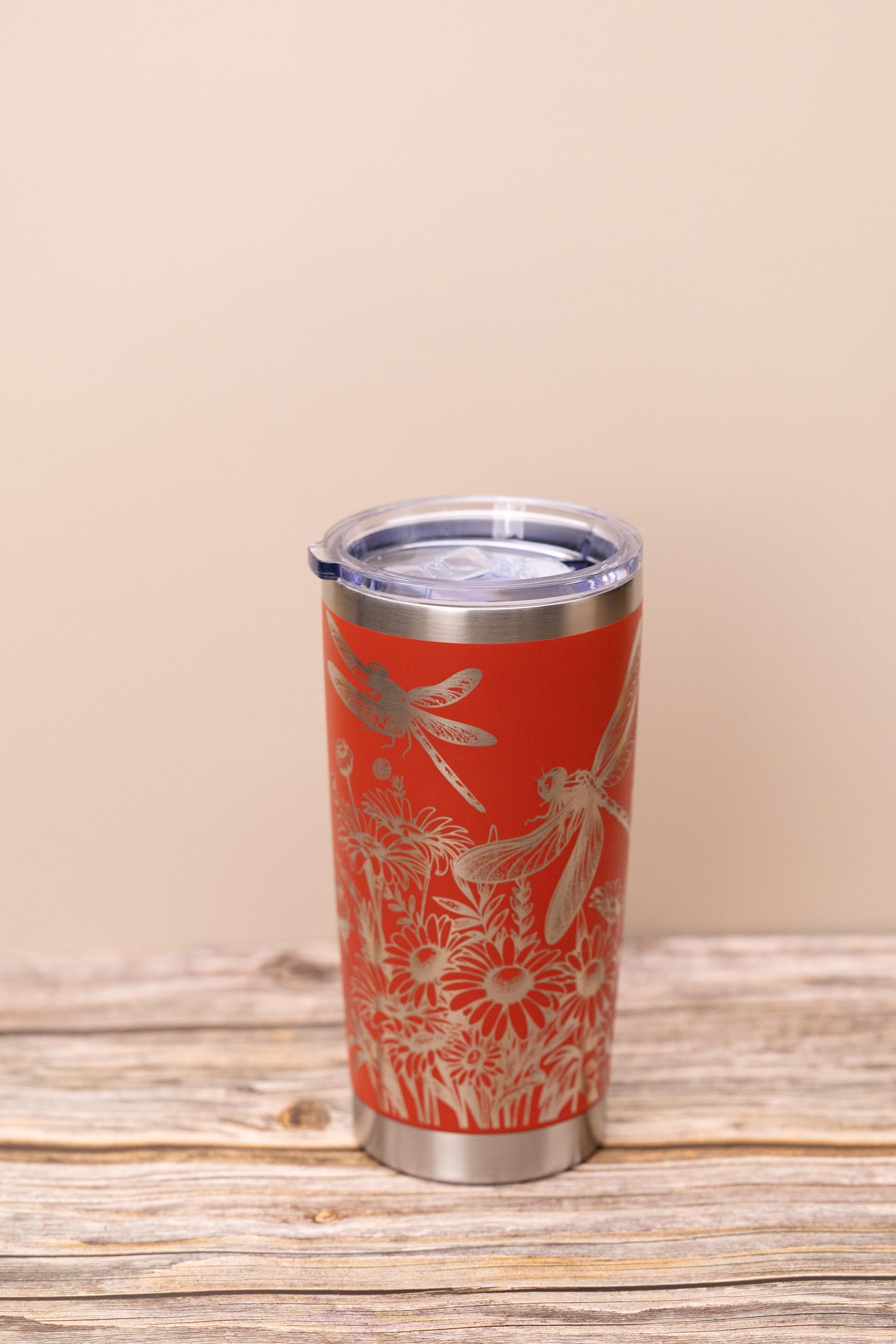Dragonfly wrap tumbler: laser engraved stainless steel insulated travel mug