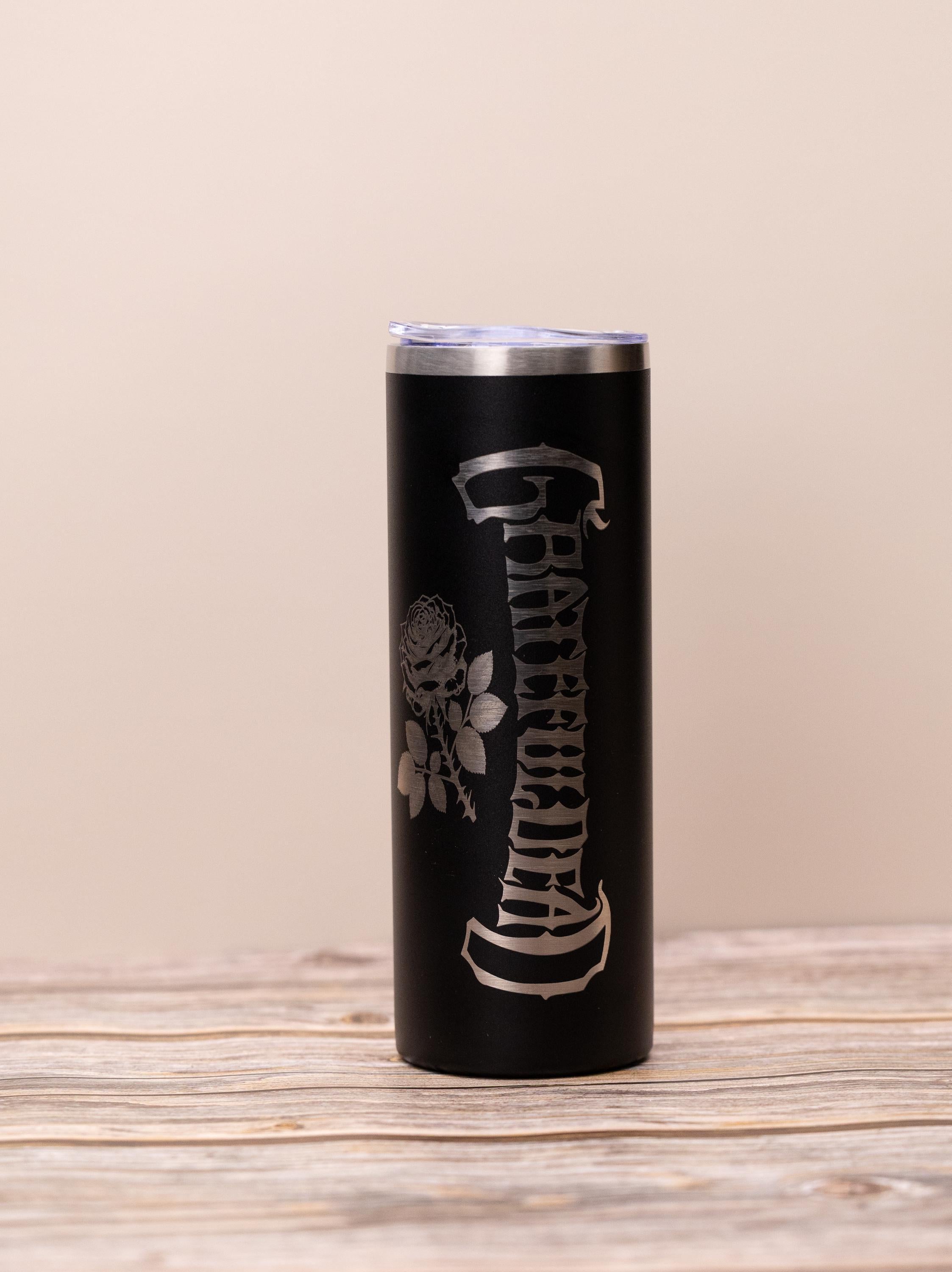 Grateful dead & rose 20oz skinny tumbler with lid | laser engraved stainless steel cup | deadhead music fan gift