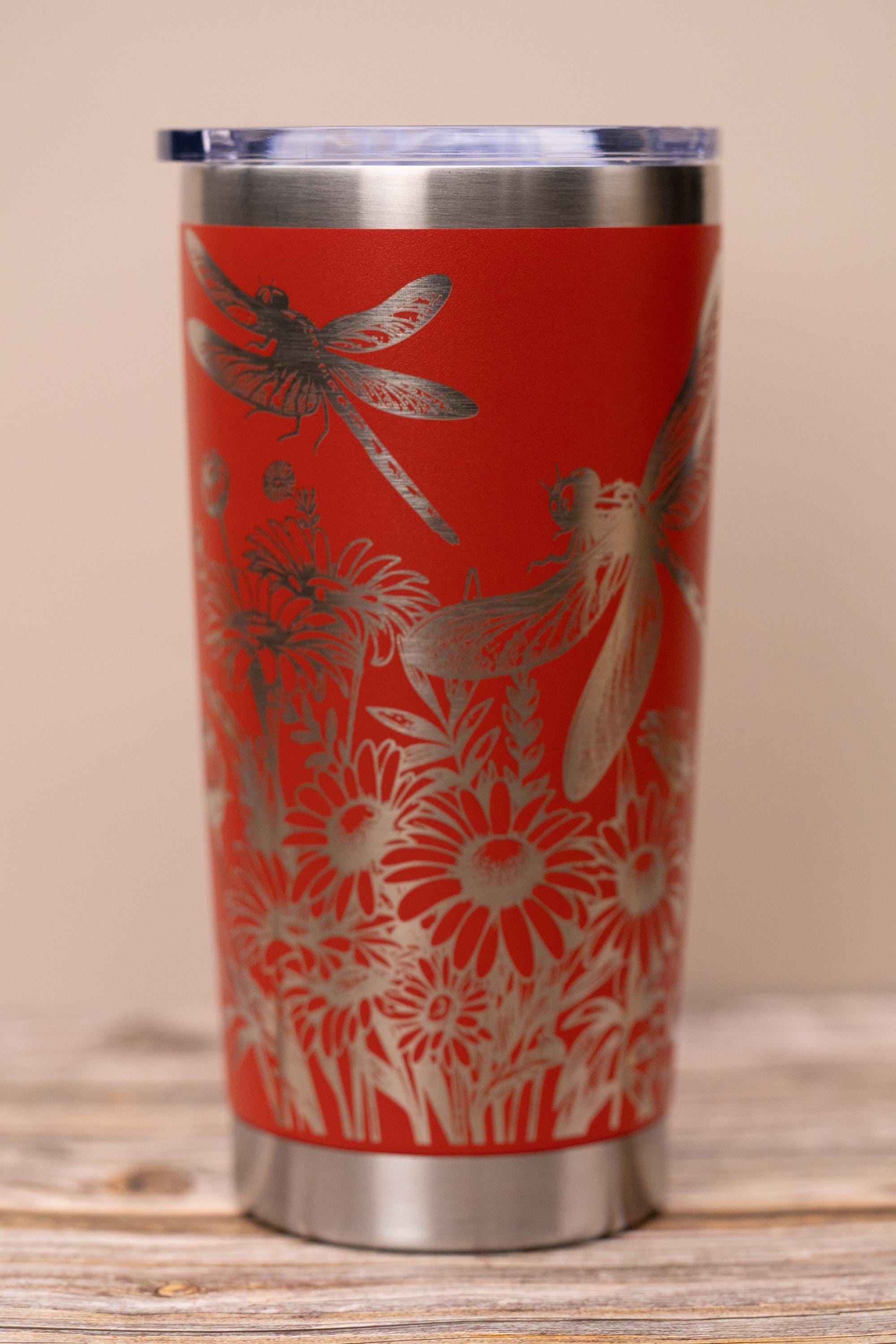 Dragonfly wrap tumbler: laser engraved stainless steel insulated travel mug