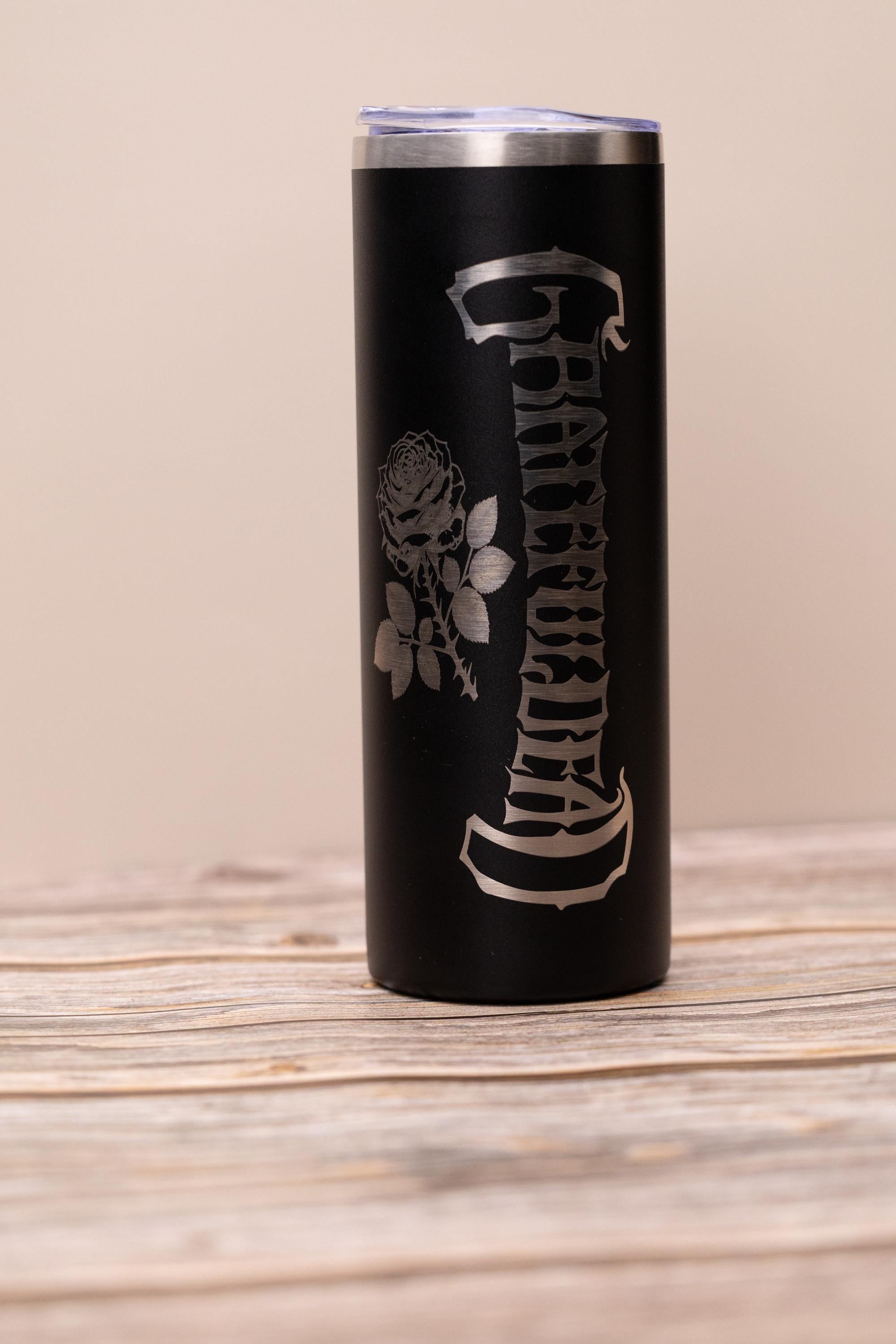 Grateful dead & rose 20oz skinny tumbler with lid | laser engraved stainless steel cup | deadhead music fan gift