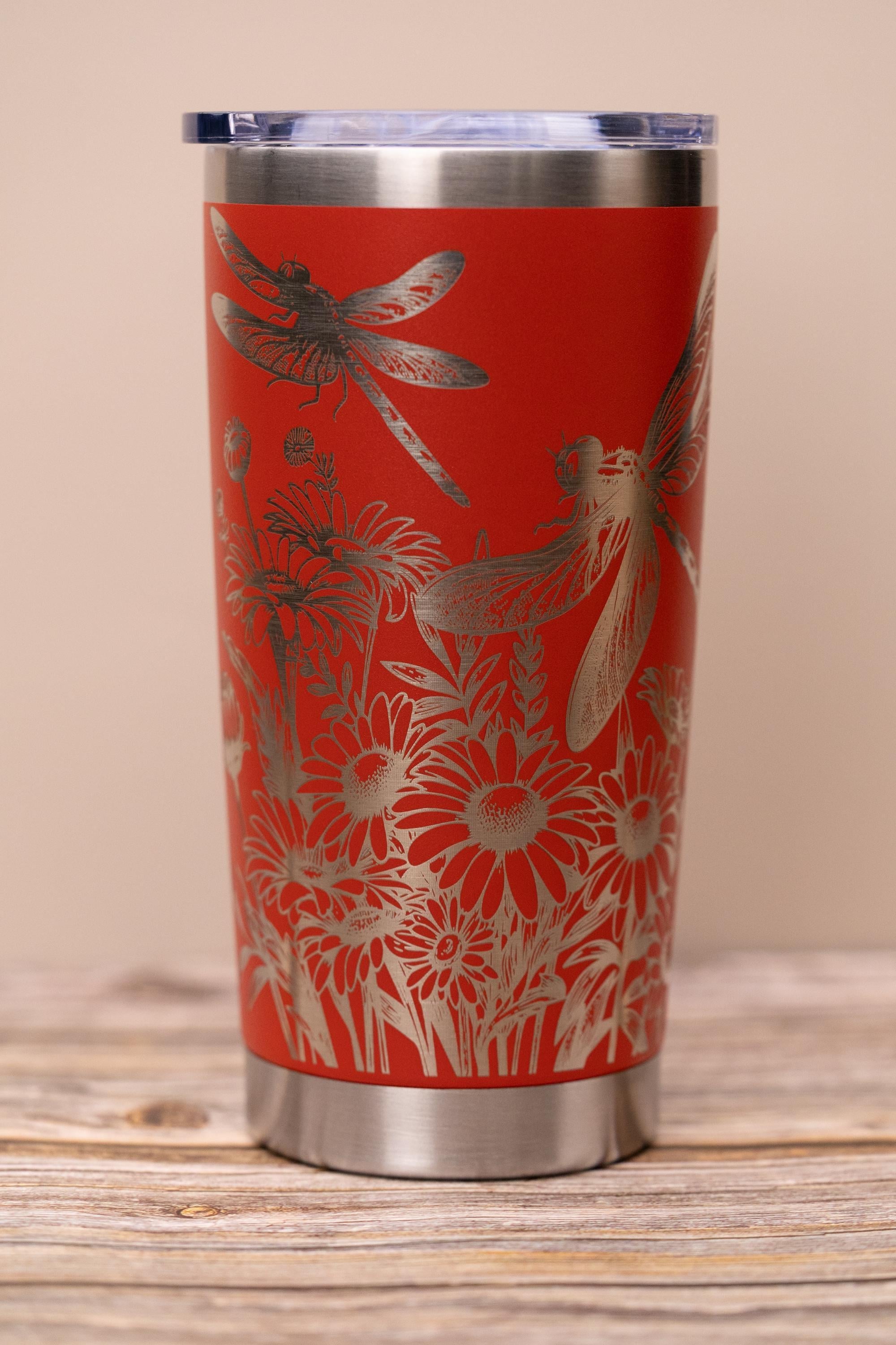Dragonfly wrap tumbler: laser engraved stainless steel insulated travel mug