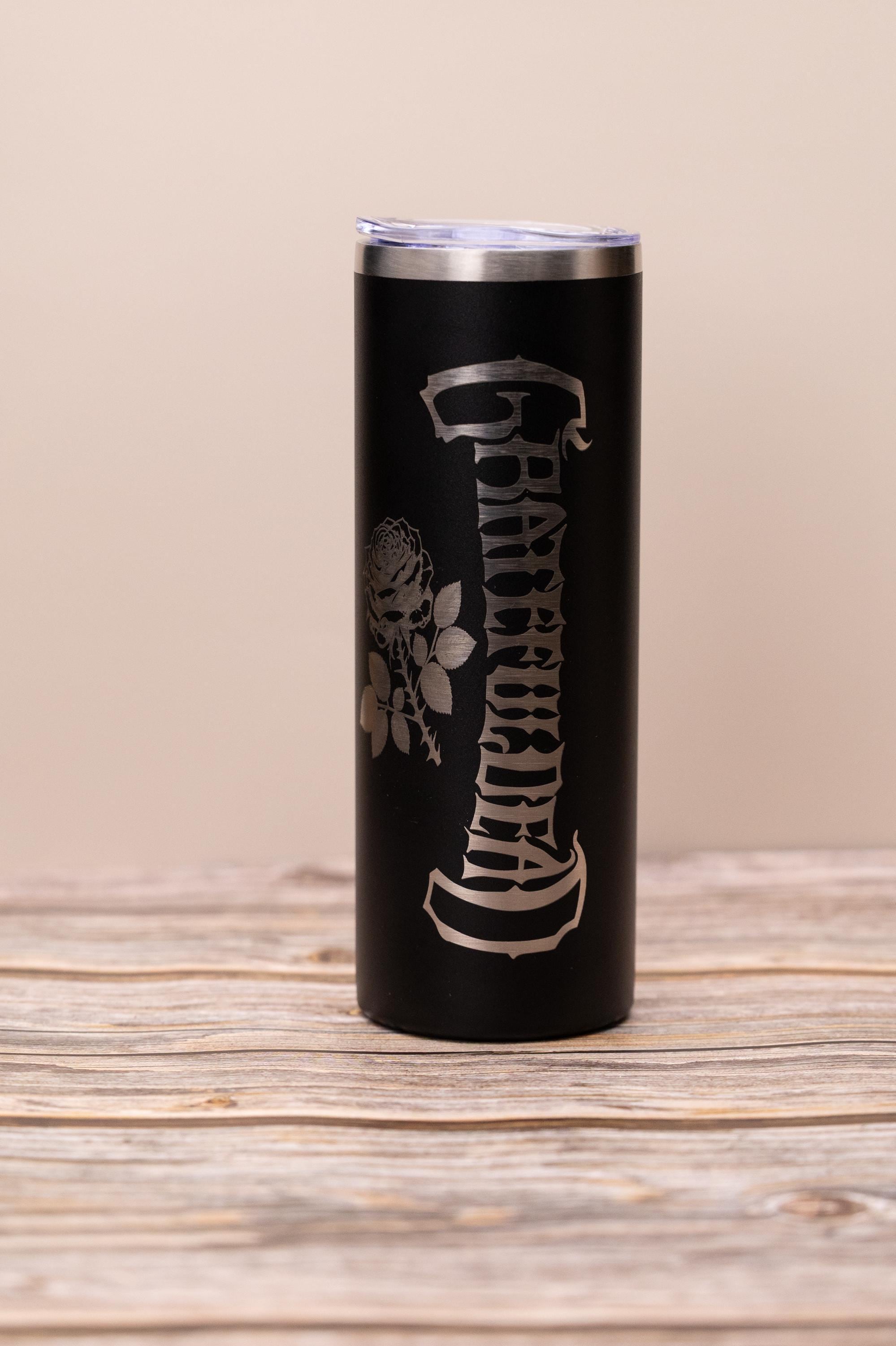 Grateful dead & rose 20oz skinny tumbler with lid | laser engraved stainless steel cup | deadhead music fan gift