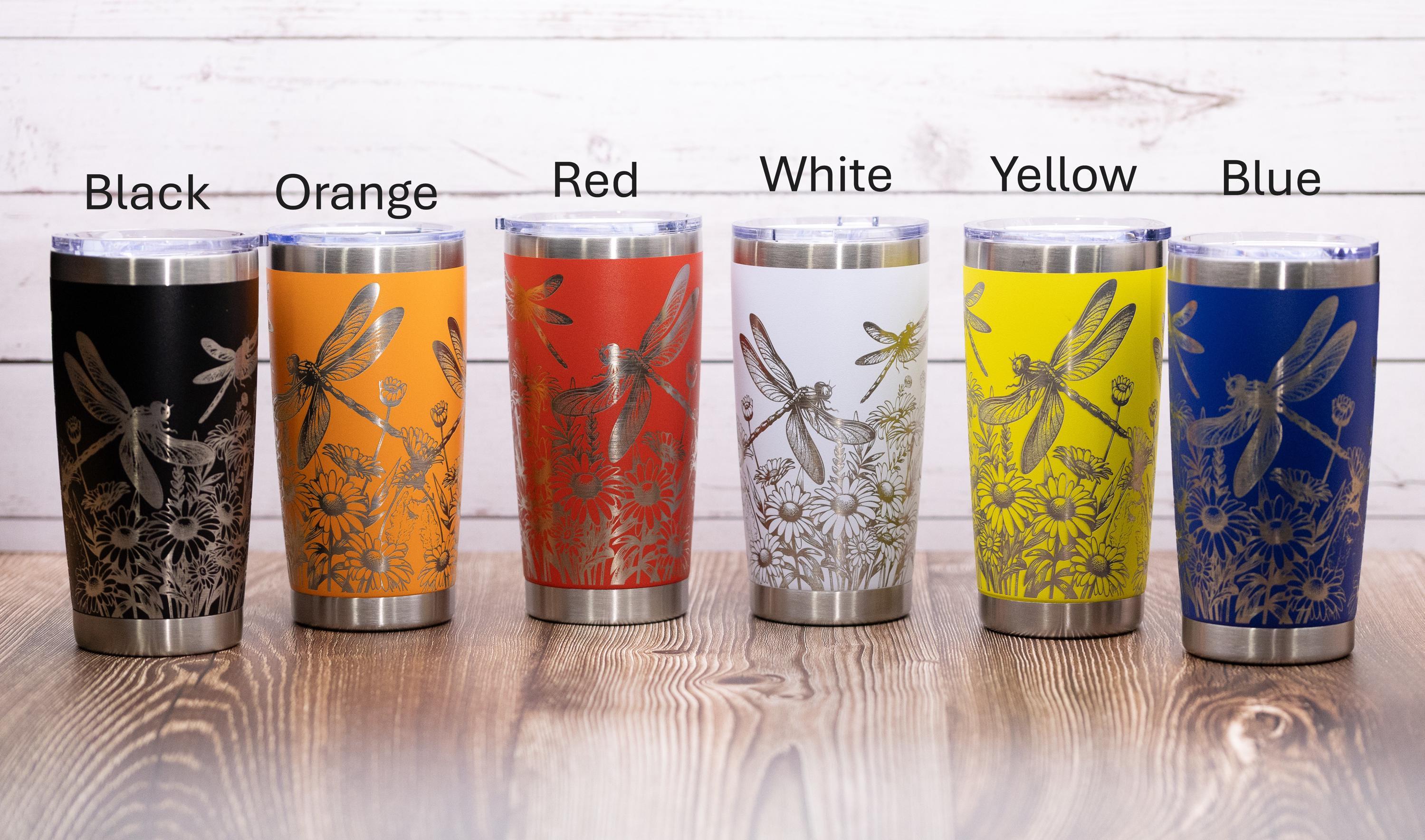 Dragonfly wrap tumbler: laser engraved stainless steel insulated travel mug