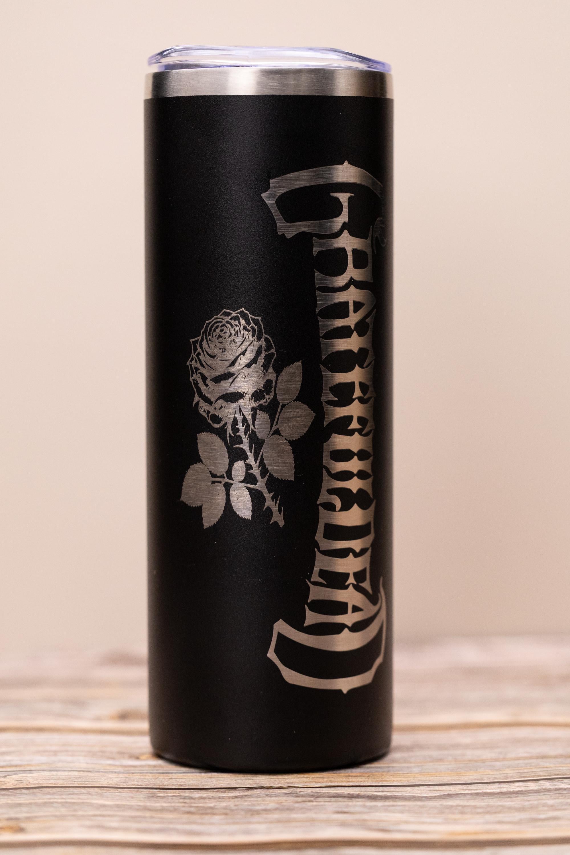 Grateful dead & rose 20oz skinny tumbler with lid | laser engraved stainless steel cup | deadhead music fan gift