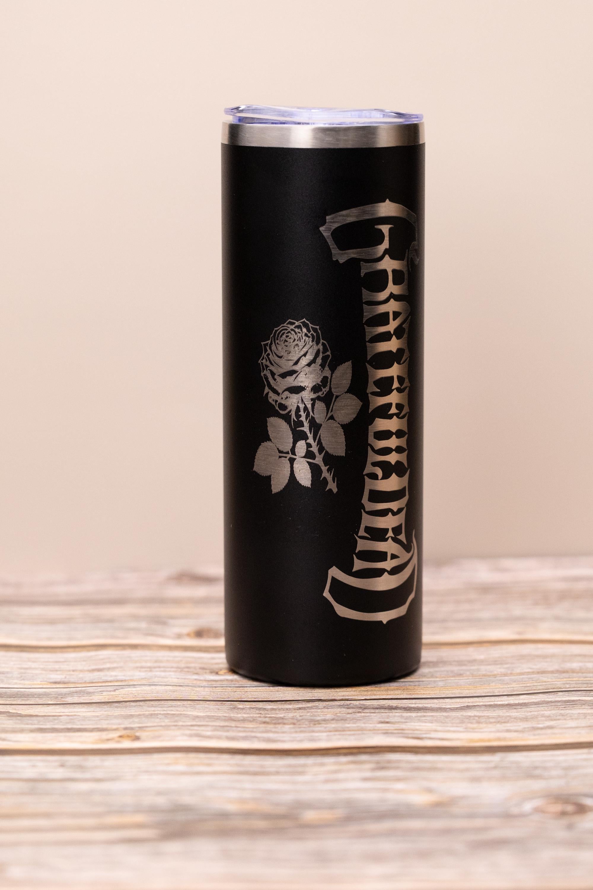 Grateful dead & rose 20oz skinny tumbler with lid | laser engraved stainless steel cup | deadhead music fan gift