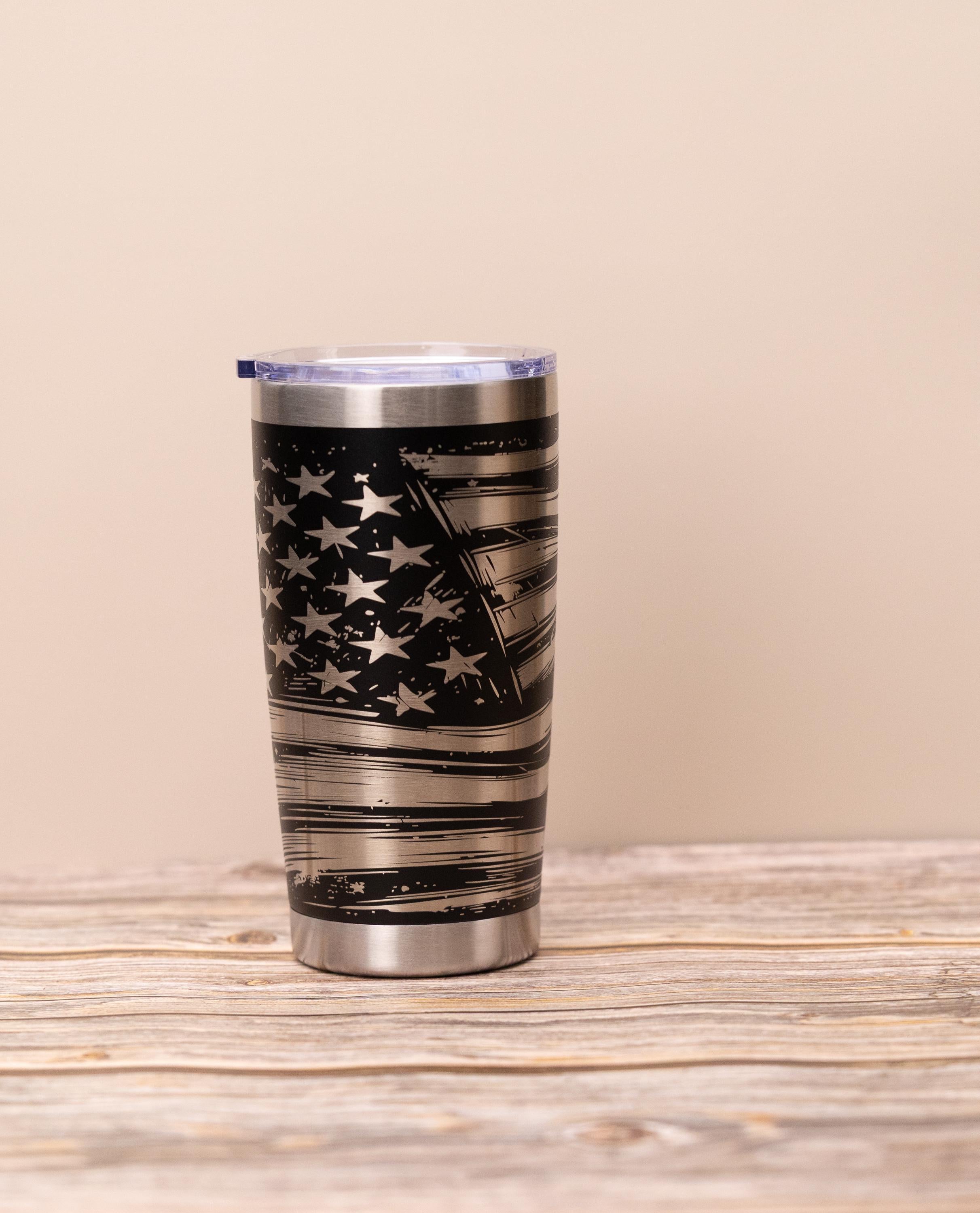 Laser engraved flag wrap tumbler: patriotic stainless steel 20oz travel mug