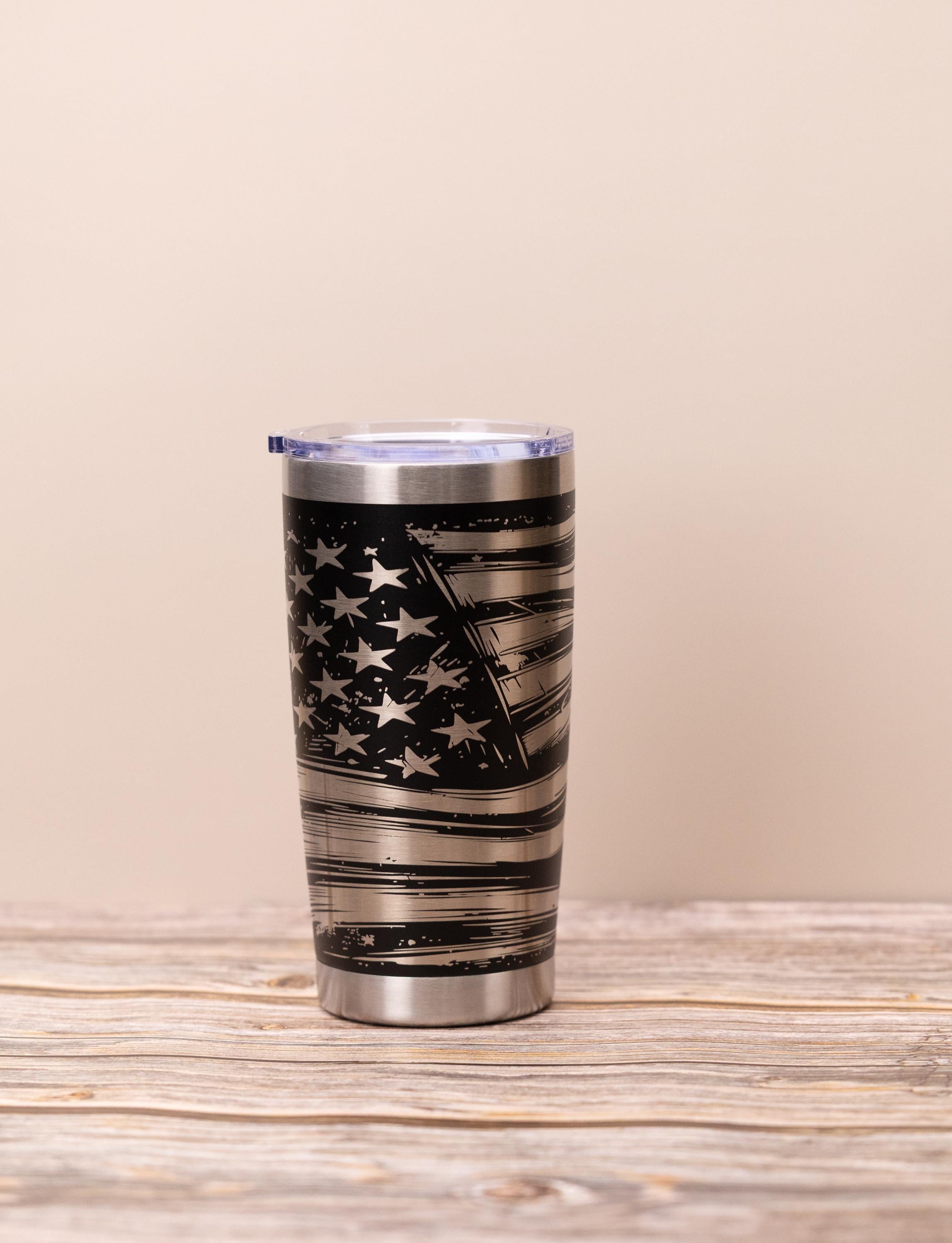 Laser engraved flag wrap tumbler: patriotic stainless steel 20oz travel mug