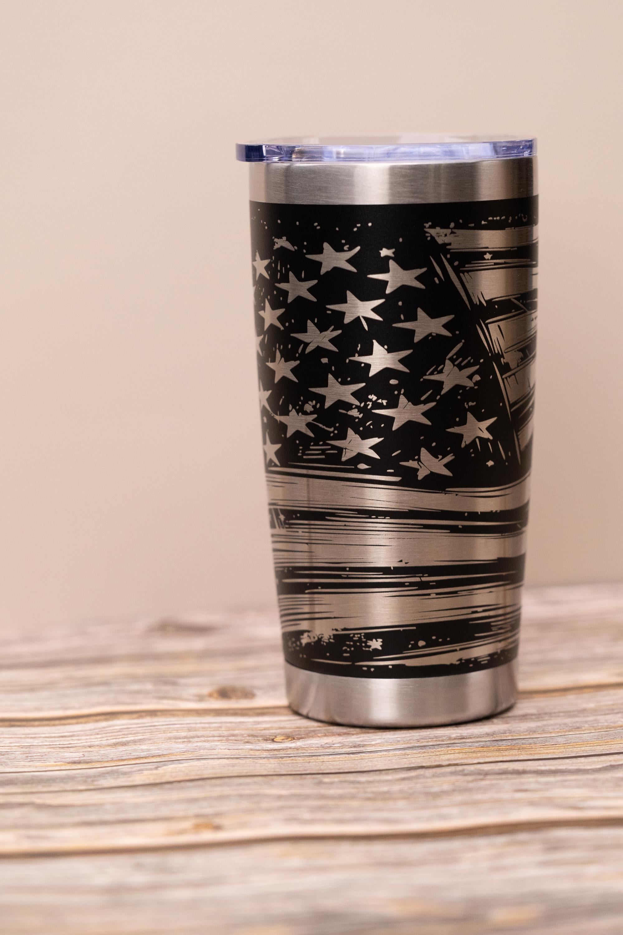 Laser engraved flag wrap tumbler: patriotic stainless steel 20oz travel mug